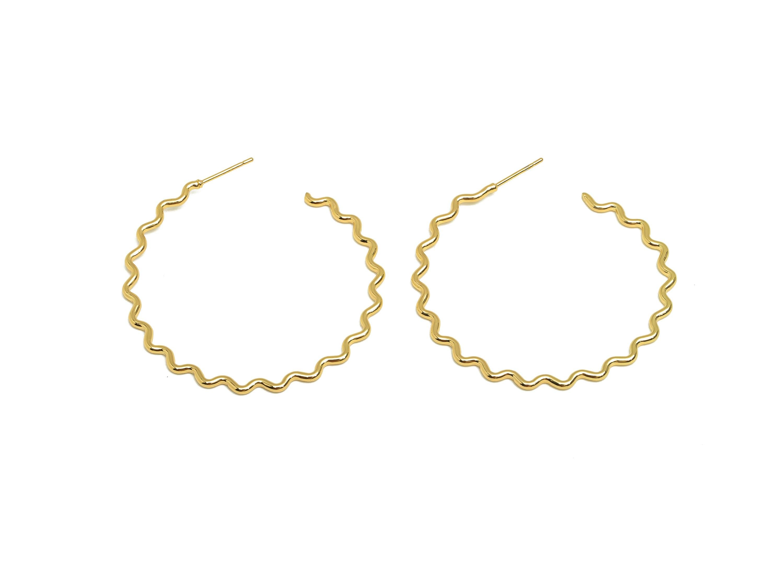 Brass Hoop Earring Stud - Brass Open Hoop Earring Post - Brass Wavy Hoop Earring Post - 18K Real Gold Plated - 53x53x1.48mm - RGP7858 - DOMEDBAZAAR