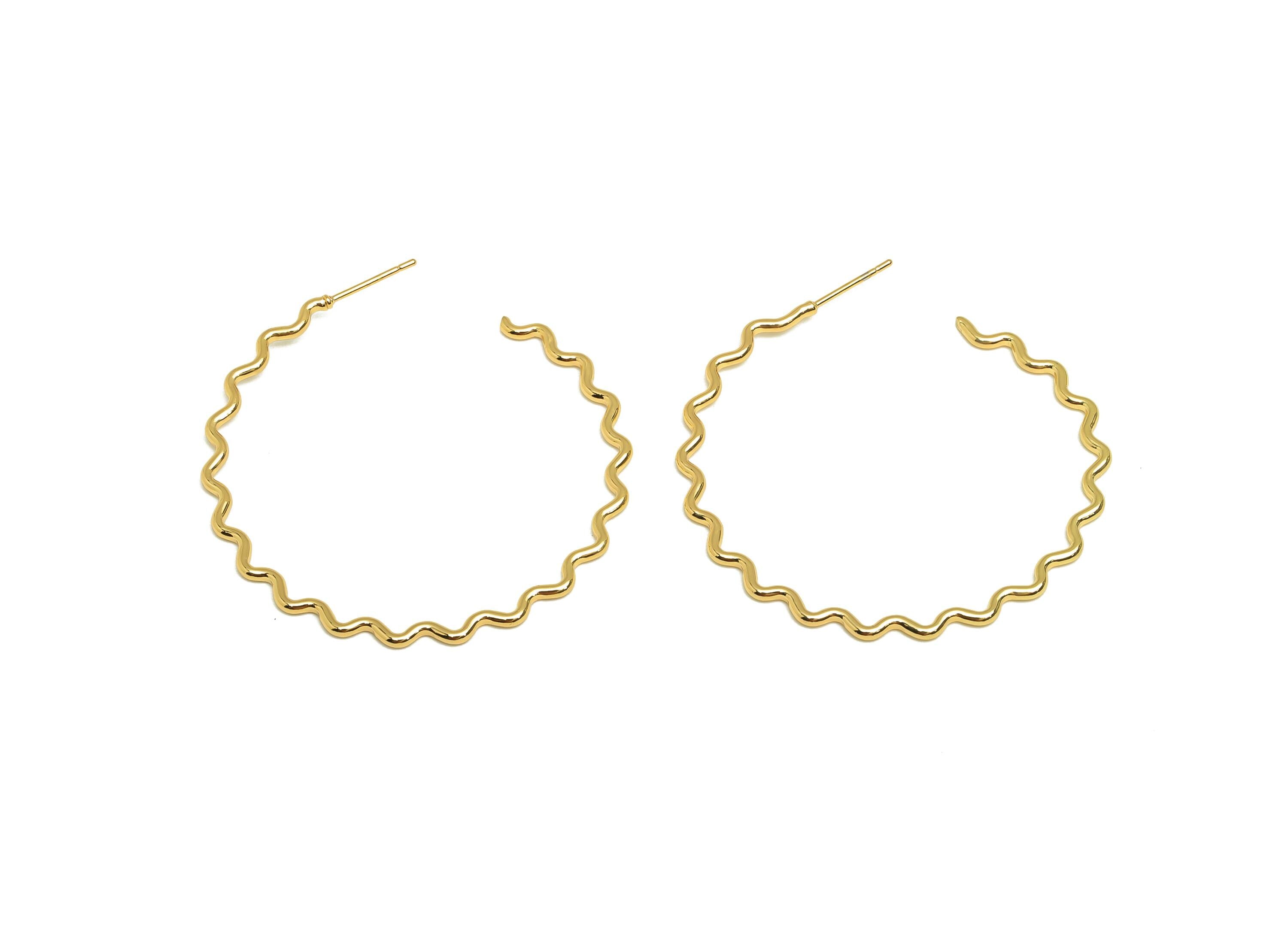 Brass Hoop Earring Stud - Brass Open Hoop Earring Post - Brass Wavy Hoop Earring Post - 18K Real Gold Plated - 46x44.88x1.38mm - RGP7859 - DOMEDBAZAAR