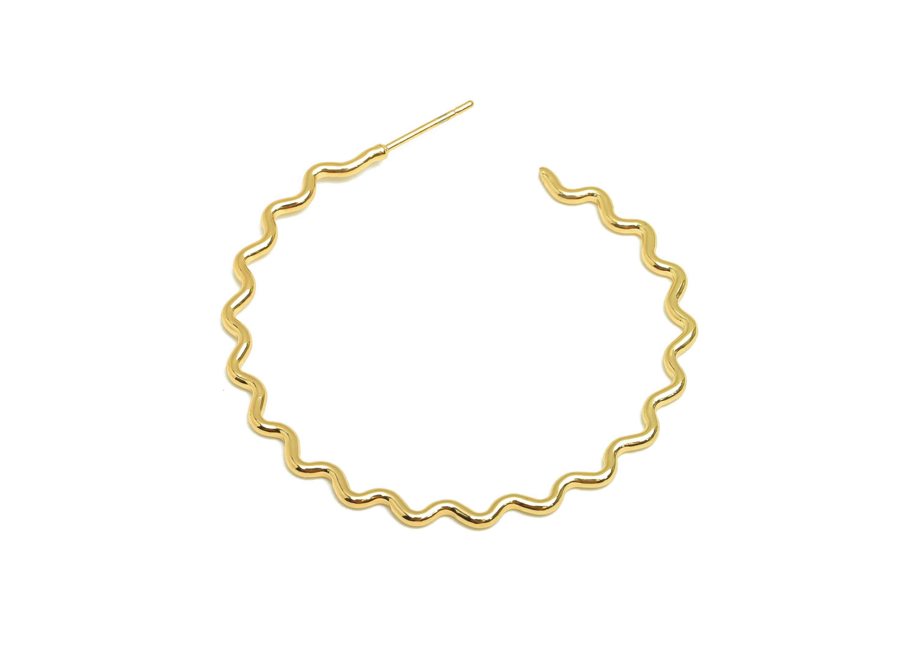 Brass Hoop Earring Stud - Brass Open Hoop Earring Post - Brass Wavy Hoop Earring Post - 18K Real Gold Plated - 46x44.88x1.38mm - RGP7859 - DOMEDBAZAAR
