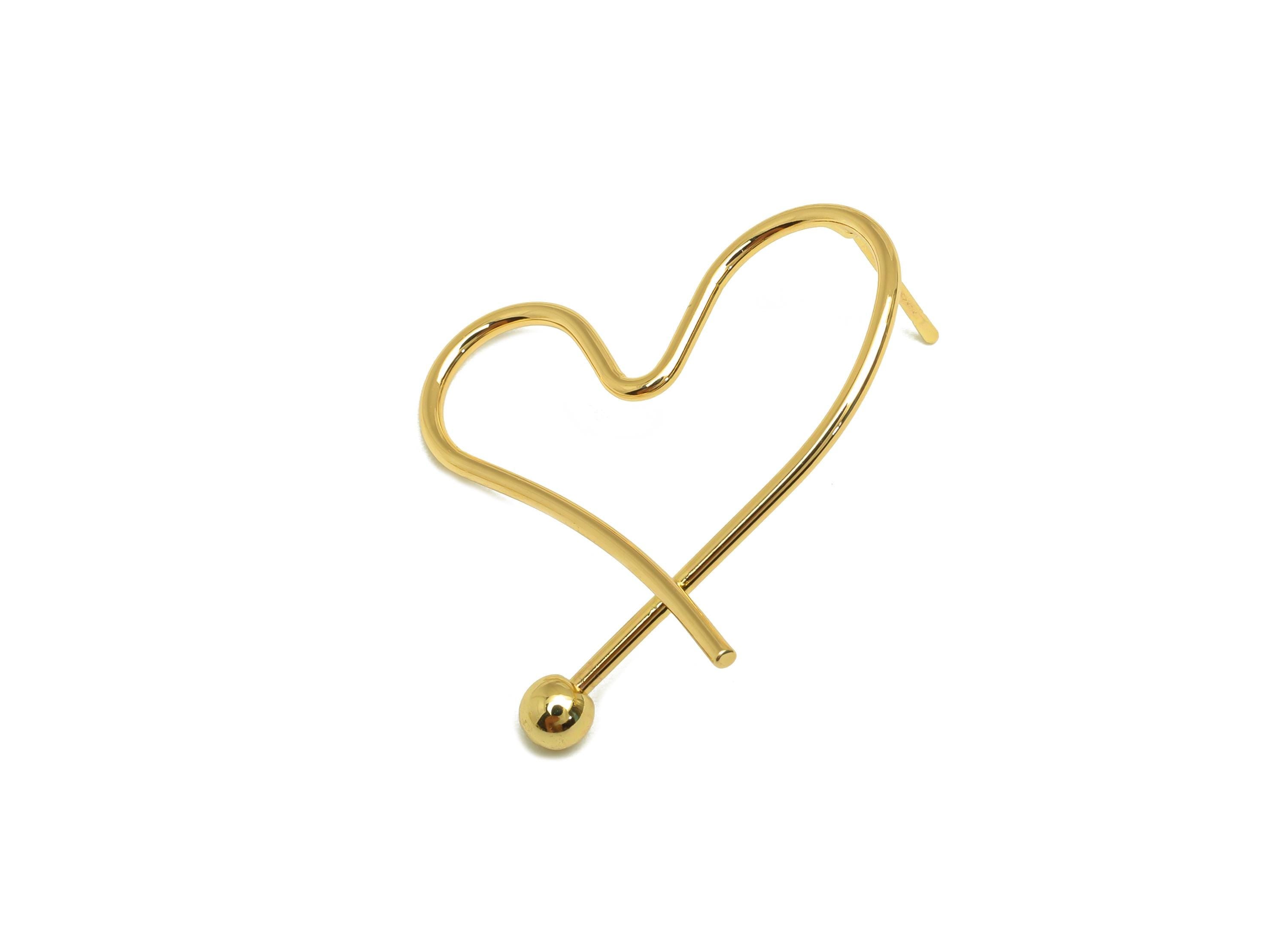 Brass Heart Earring Stud - Brass Heart Wire Earring Post - Brass Heart Ball Earring Post - 18K Real Gold Plating - 33.88x28.83x1mm - RGP7850 - DOMEDBAZAAR