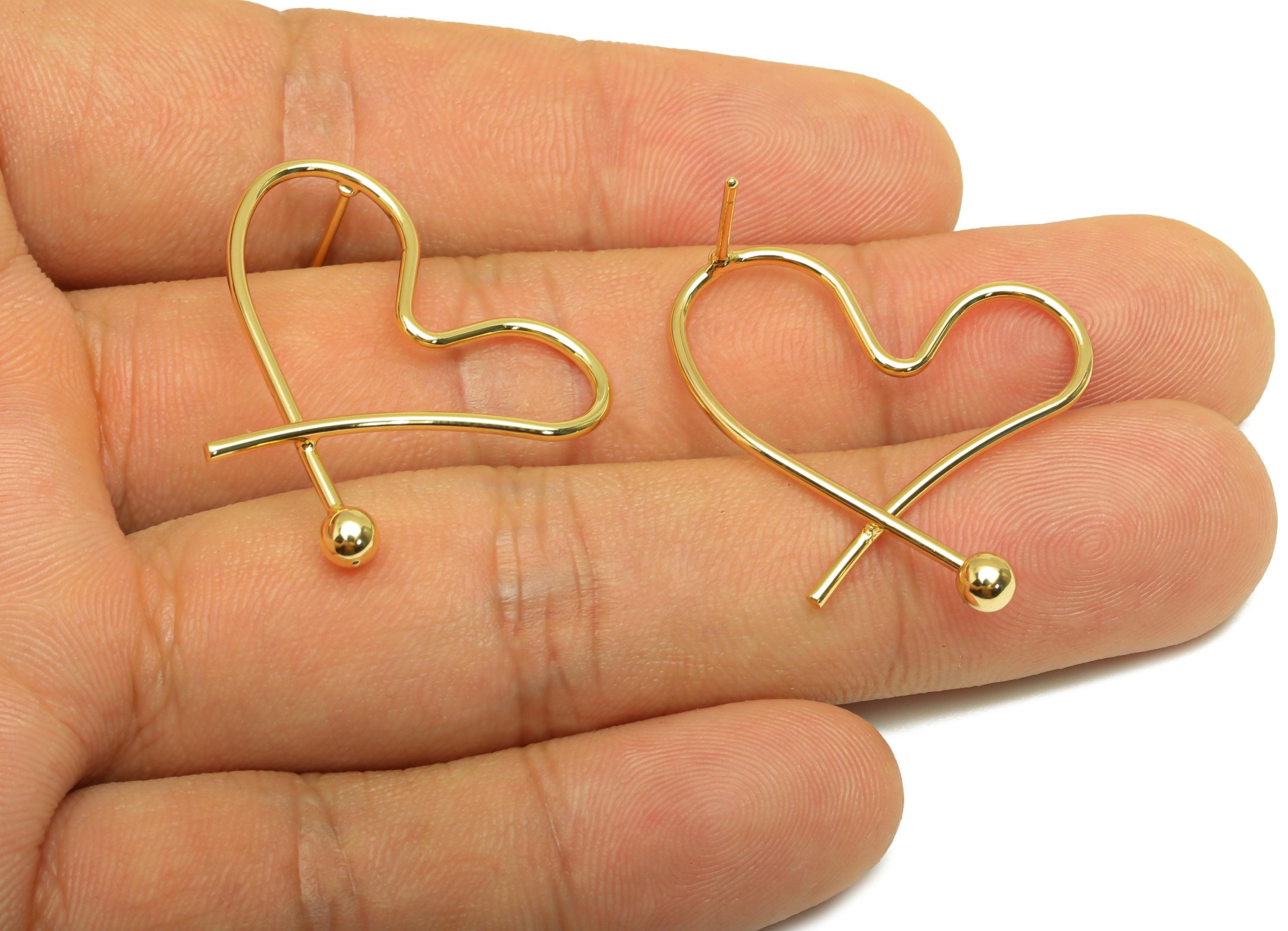Brass Heart Earring Stud - Brass Heart Wire Earring Post - Brass Heart Ball Earring Post - 18K Real Gold Plating - 33.88x28.83x1mm - RGP7850 - DOMEDBAZAAR