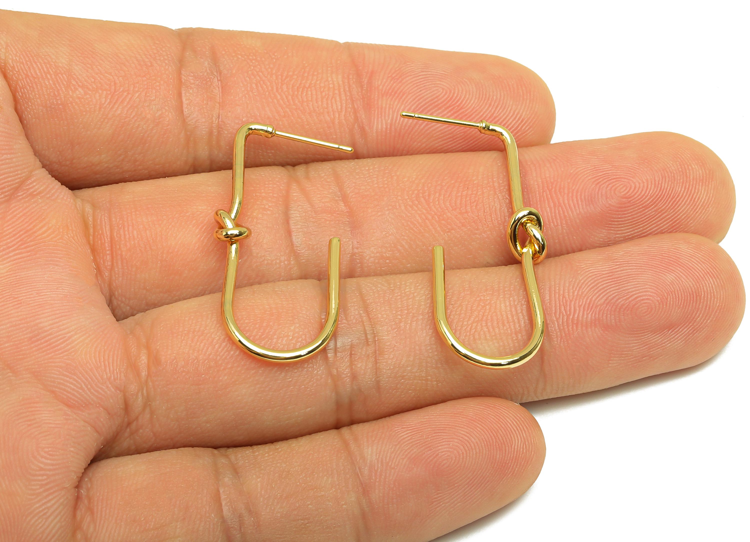 Brass Hoop Earring Stud - Brass Open Rectangle Earring Post - Brass Knot Earring Post - 18K Real Gold Plating - 35.2x14.69x1.3mm - RGP7874 - DOMEDBAZAAR