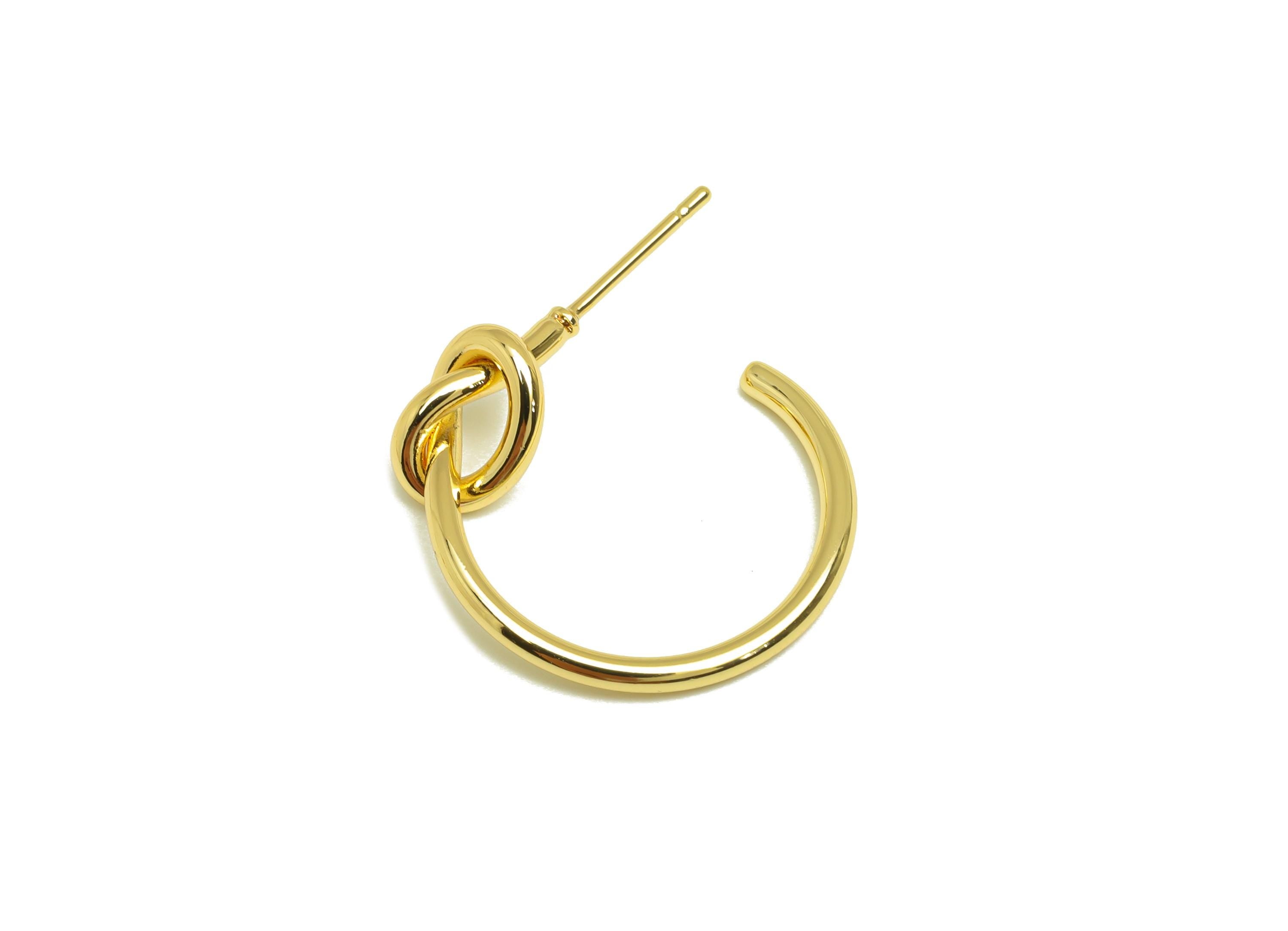 Brass Hoop Earring Stud - Brass Open Hoop Earring Post - Brass Round Knot Earring Post - 18K Real Gold Plating - 28.75x22.15x1mm - RGP7873 - DOMEDBAZAAR