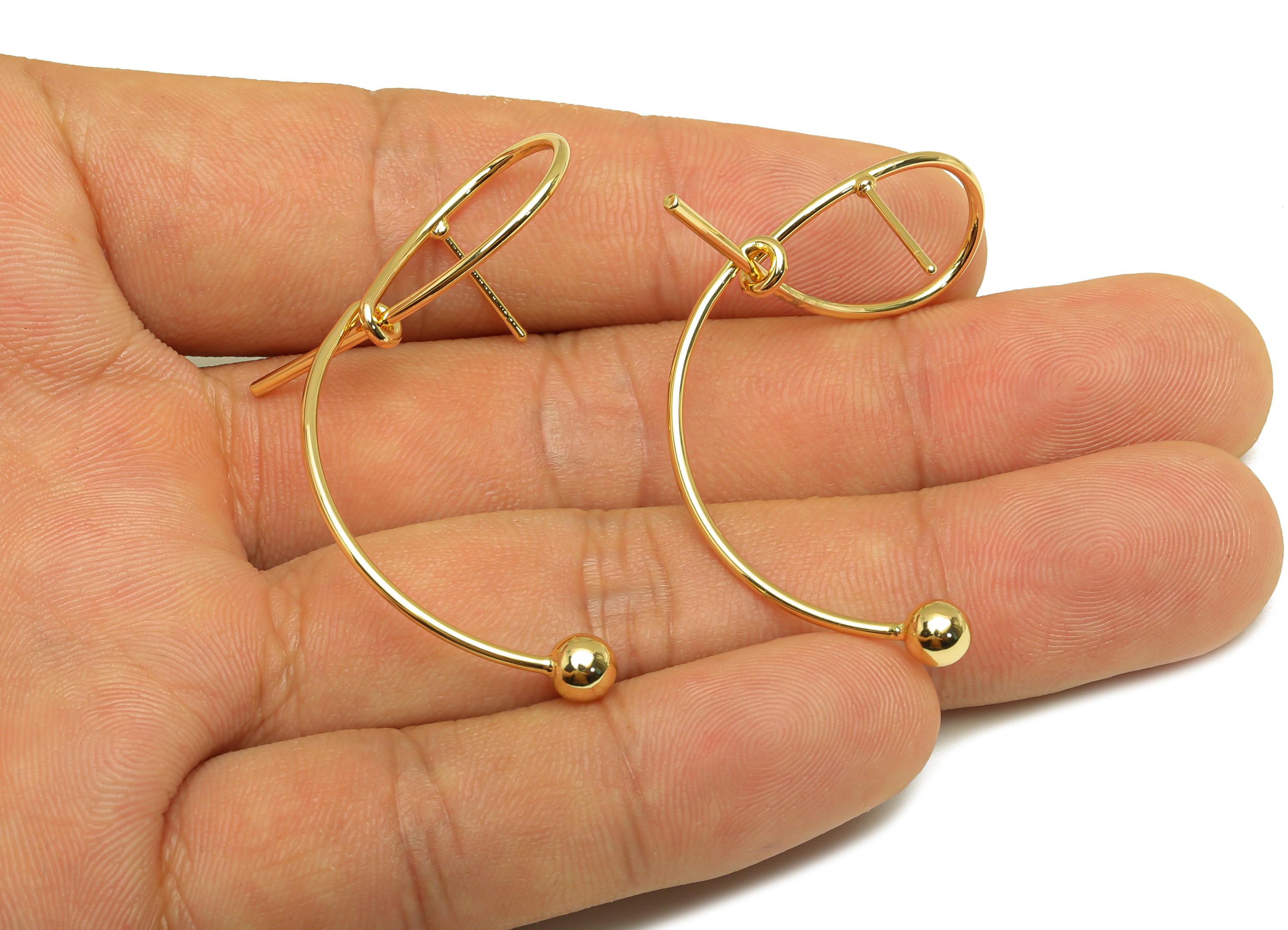 Brass Knot Wire Earring Stud - Bent Ball Wire Earring Post - Curved Bead Earring Post - 18K Real Gold Plating - 44.23x25.28x1.06mm - RGP7854 - DOMEDBAZAAR