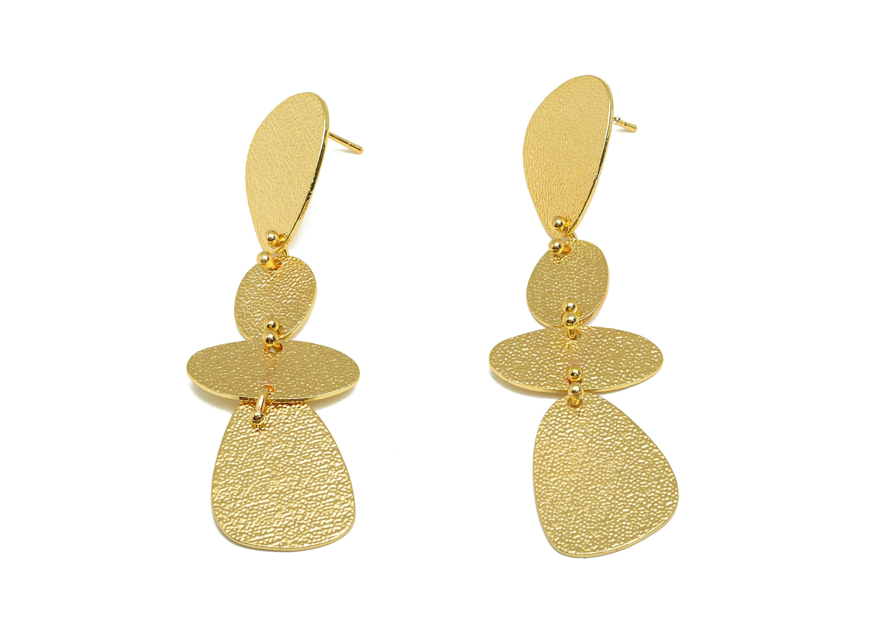 Brass Dangle Earring Stud - Textured Hang Geometry Earring Post - Brass Dangle Earring Post - 18K Real Gold Plated - 66x20x0.75mm - RGP7865 - DOMEDBAZAAR