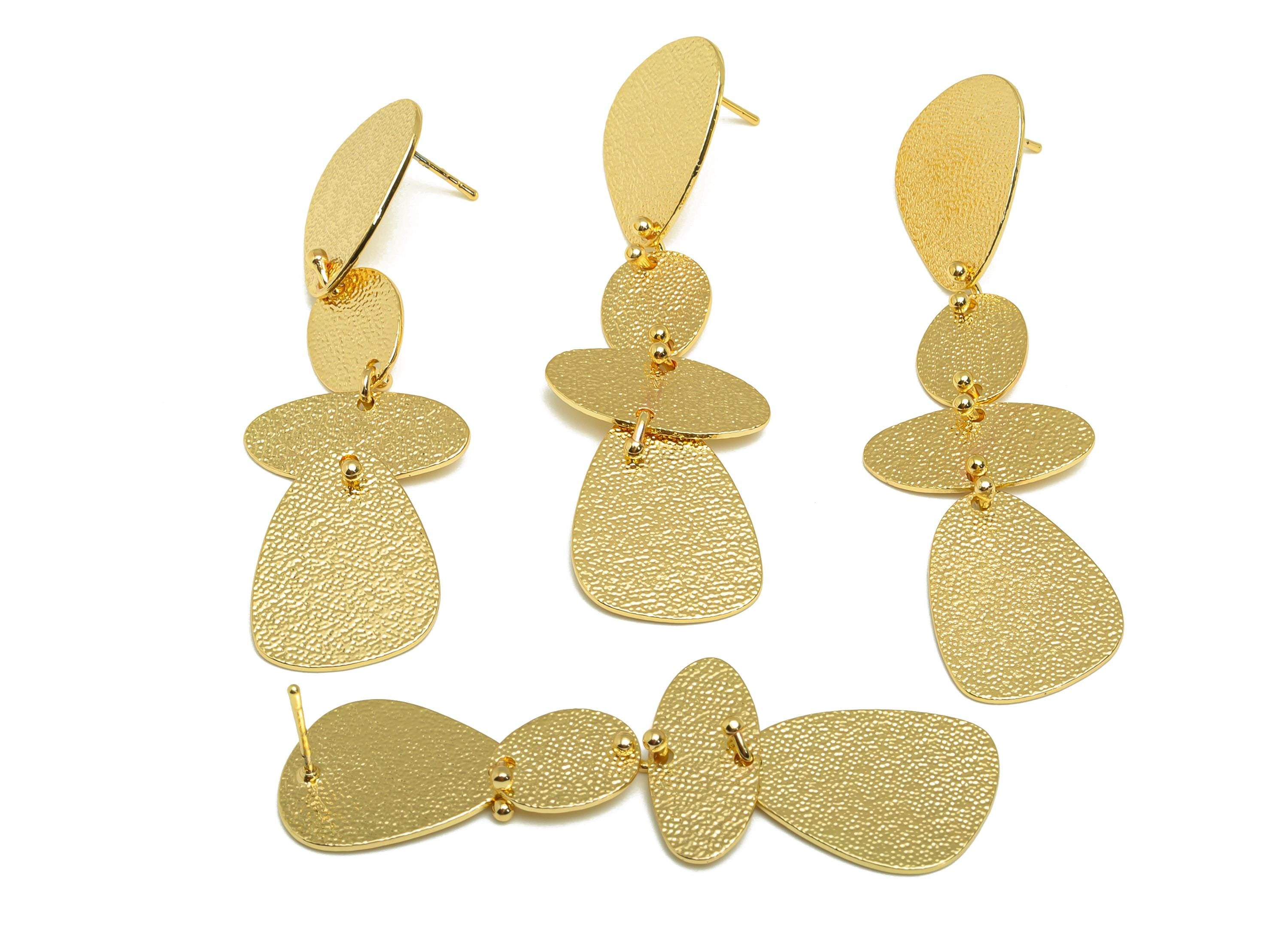 Brass Dangle Earring Stud - Textured Hang Geometry Earring Post - Brass Dangle Earring Post - 18K Real Gold Plated - 66x20x0.75mm - RGP7865 - DOMEDBAZAAR