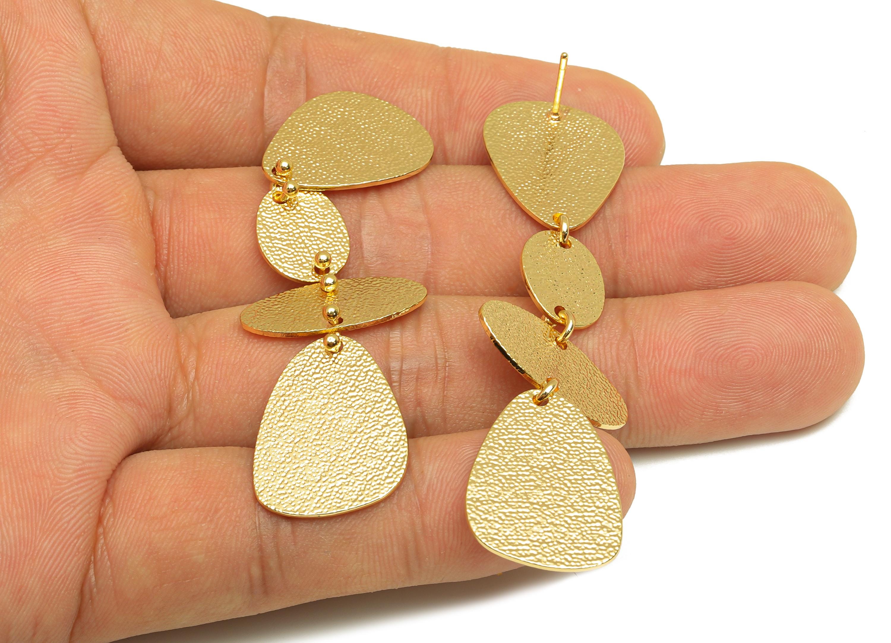Brass Dangle Earring Stud - Textured Hang Geometry Earring Post - Brass Dangle Earring Post - 18K Real Gold Plated - 66x20x0.75mm - RGP7865 - DOMEDBAZAAR