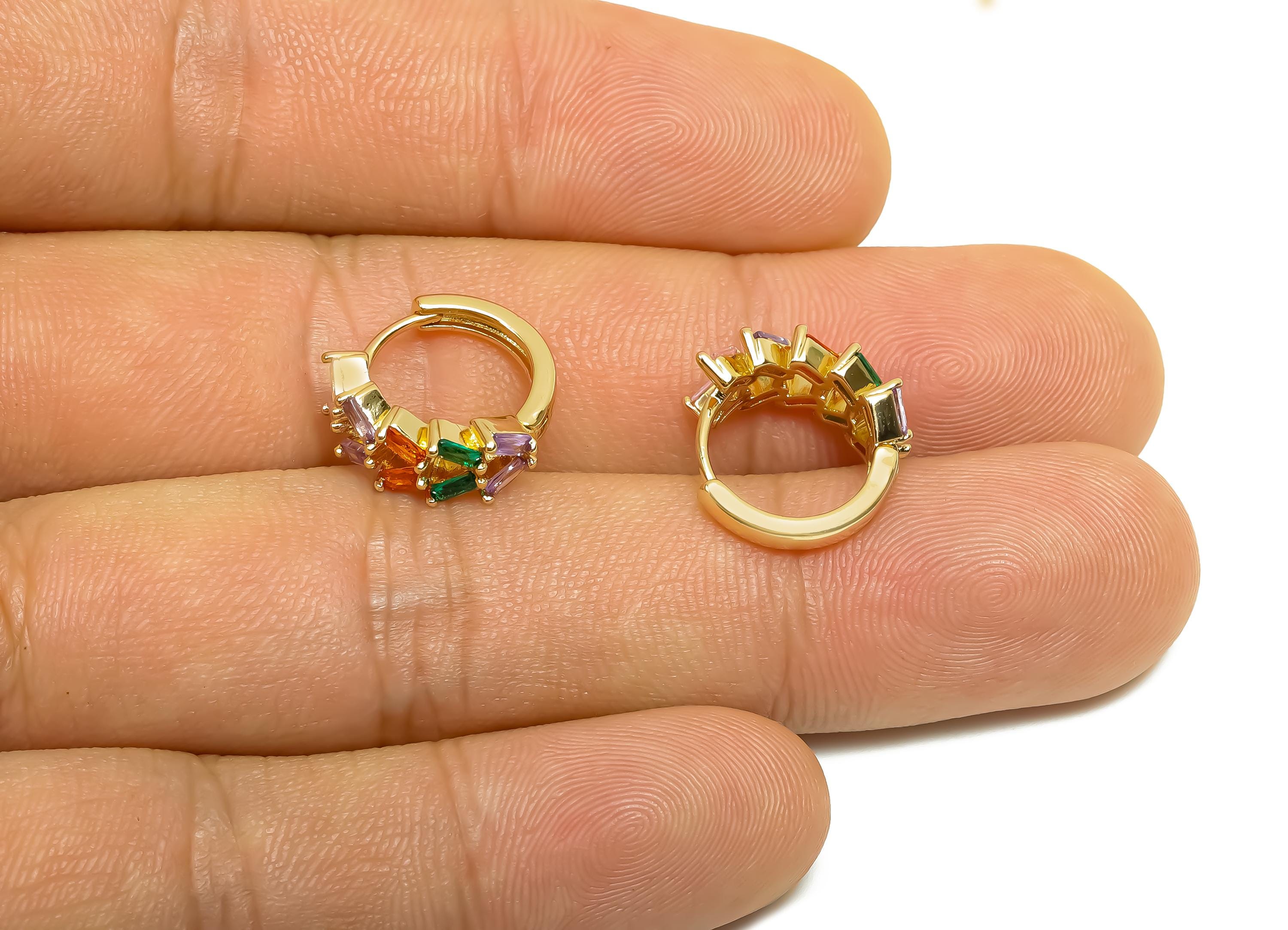 Brass CZ Hoop Earring - Rainbow Zircon Huggie Hoop Earring - Trapezoid Hoop Earring Clasp - 18K Real Gold Plating - 14.6x14x6mm - RGP8370 - DOMEDBAZAAR