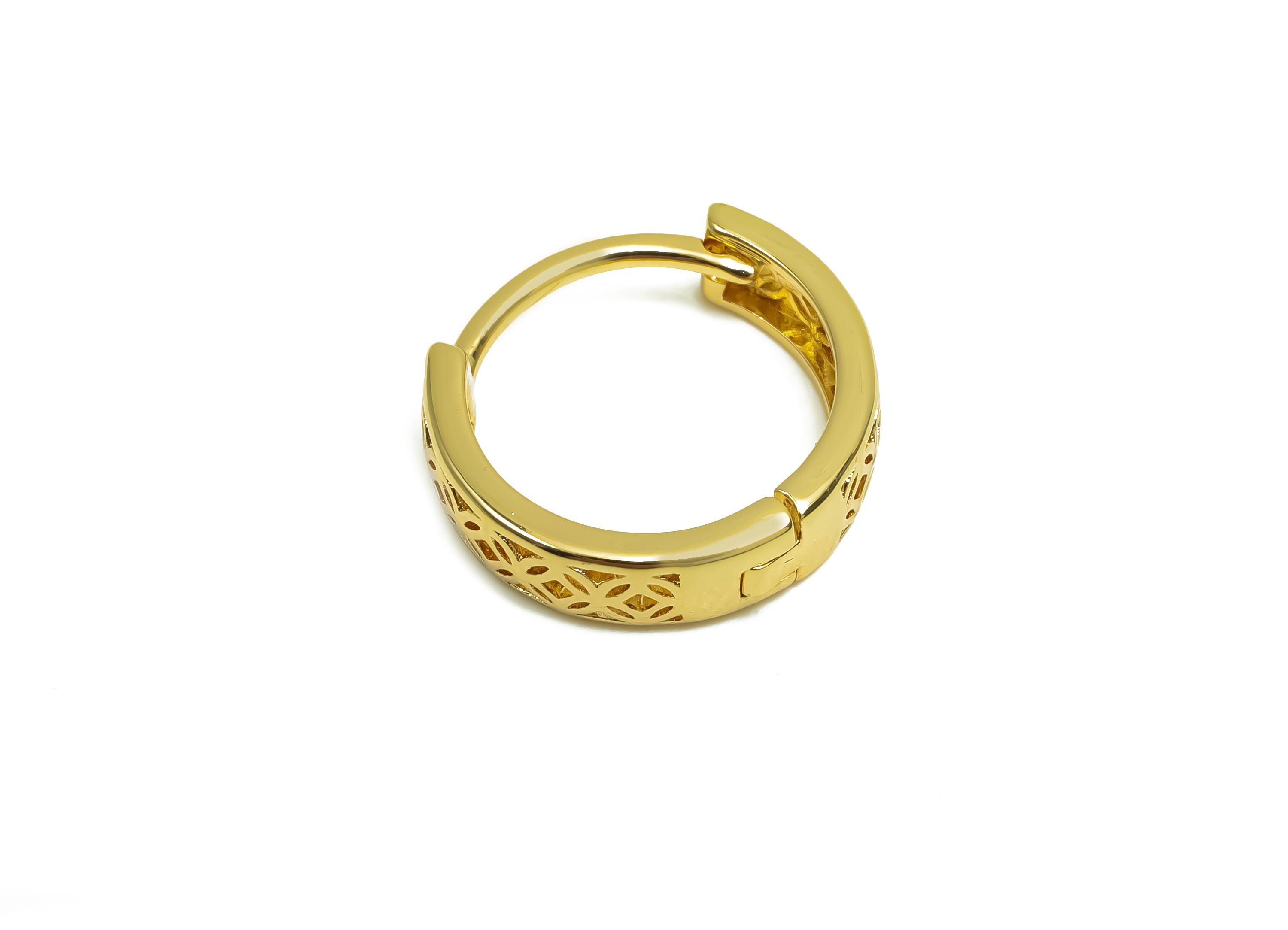Brass Hoop Earring - Brass Pattern Huggie Hoop Earring - Brass Round Hoop Earring Clasp - 18K Real Gold Plating - 15.6x15.2x4.2mm - RGP8364 - DOMEDBAZAAR