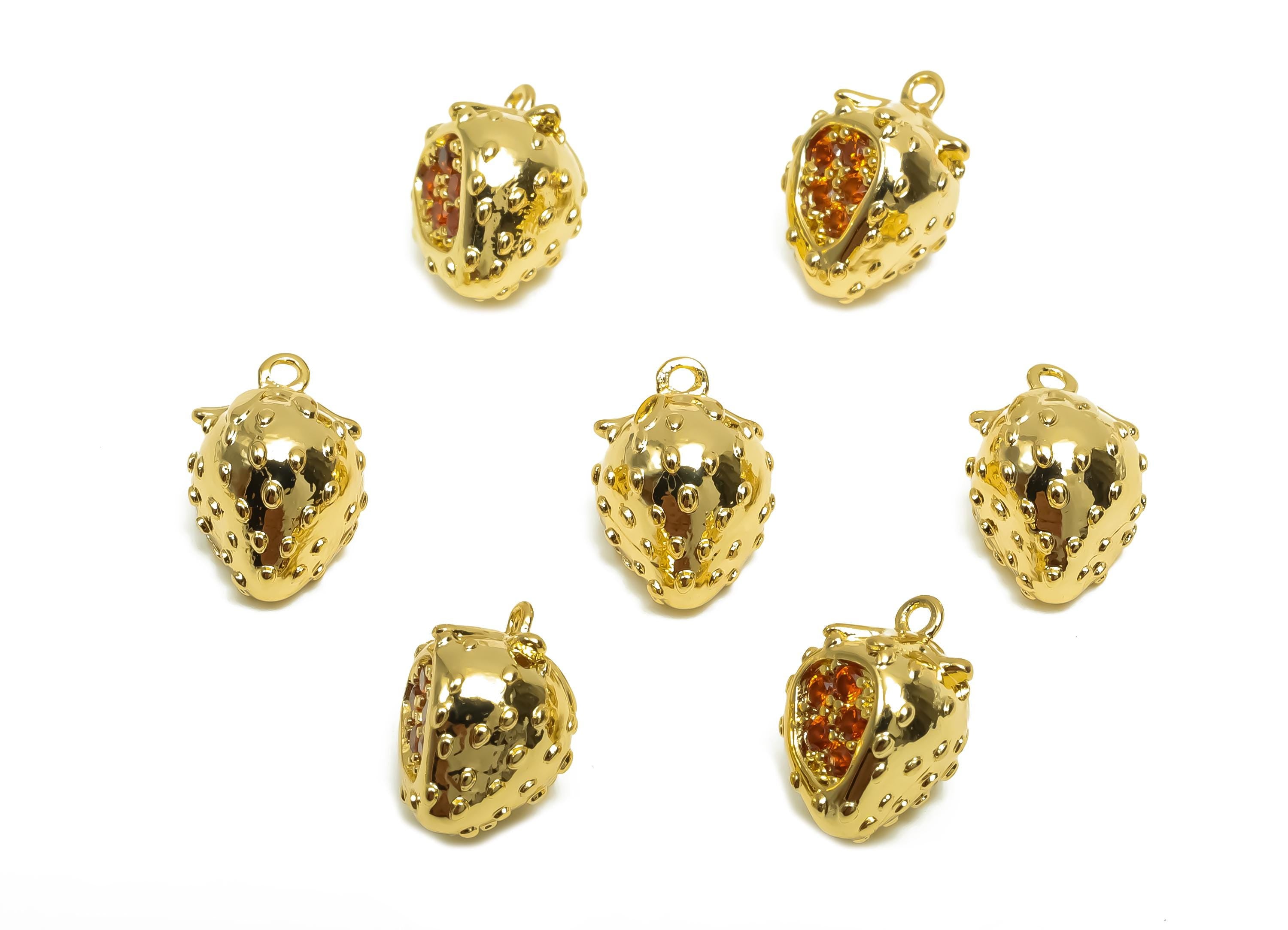 Brass CZ Bead Earring Charm - Brass Textured Strawberry Earring - Brass Cubic Zircon Charm - 18K Real Gold Plating - 11x7.9x7.14mm - RGP8381 - DOMEDBAZAAR