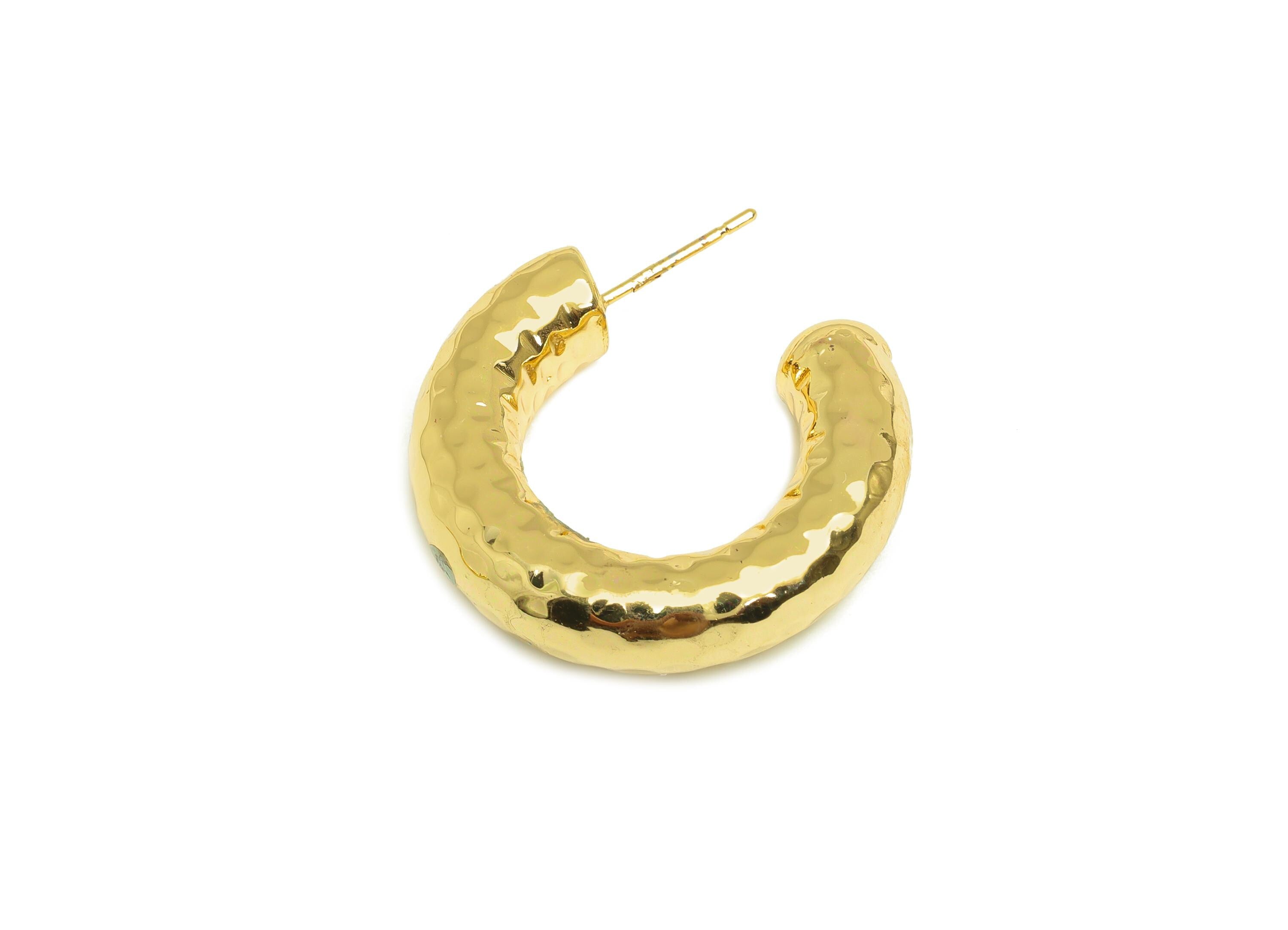 Brass Hoop Earring Stud - Thick Open Hoop Earring Post - Brass Textured Hoop Earring Post - 18K Real Gold Plating - 30x28x7.1mm - RGP7902 - DOMEDBAZAAR