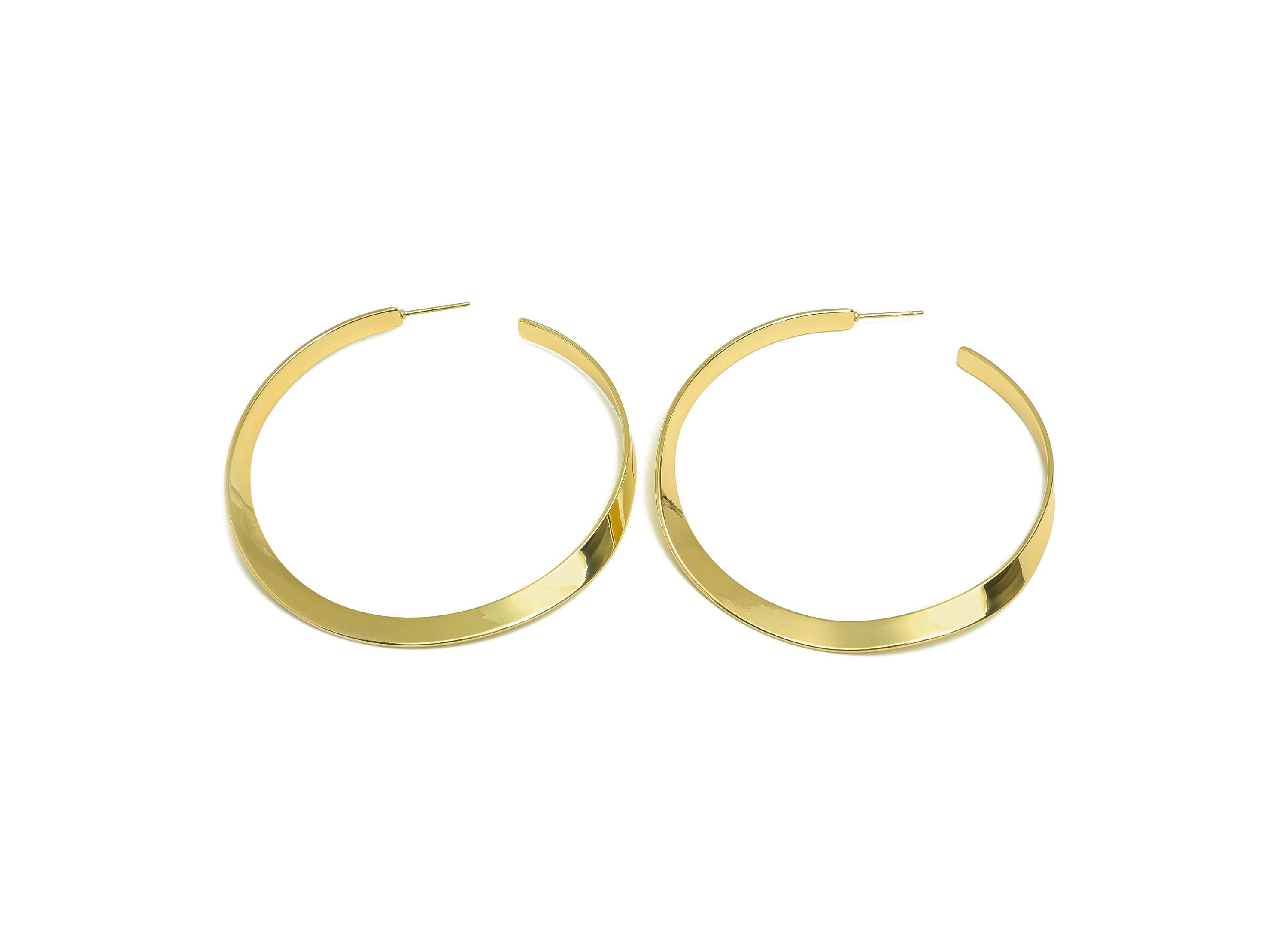 Brass Hoop Earring Stud - Hammered Hoop Earring Post - Brass 60mm Hoop Earring Post - 18K Real Gold Plating - 60.63x62x0.87mm - RGP7922 - DOMEDBAZAAR