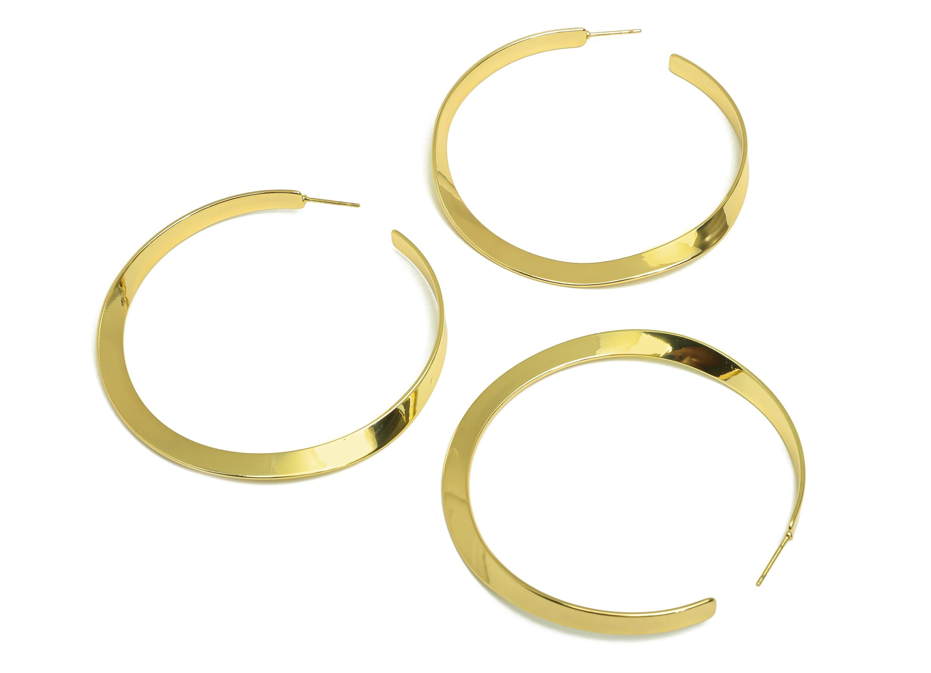 Brass Hoop Earring Stud - Hammered Hoop Earring Post - Brass 60mm Hoop Earring Post - 18K Real Gold Plating - 60.63x62x0.87mm - RGP7922 - DOMEDBAZAAR