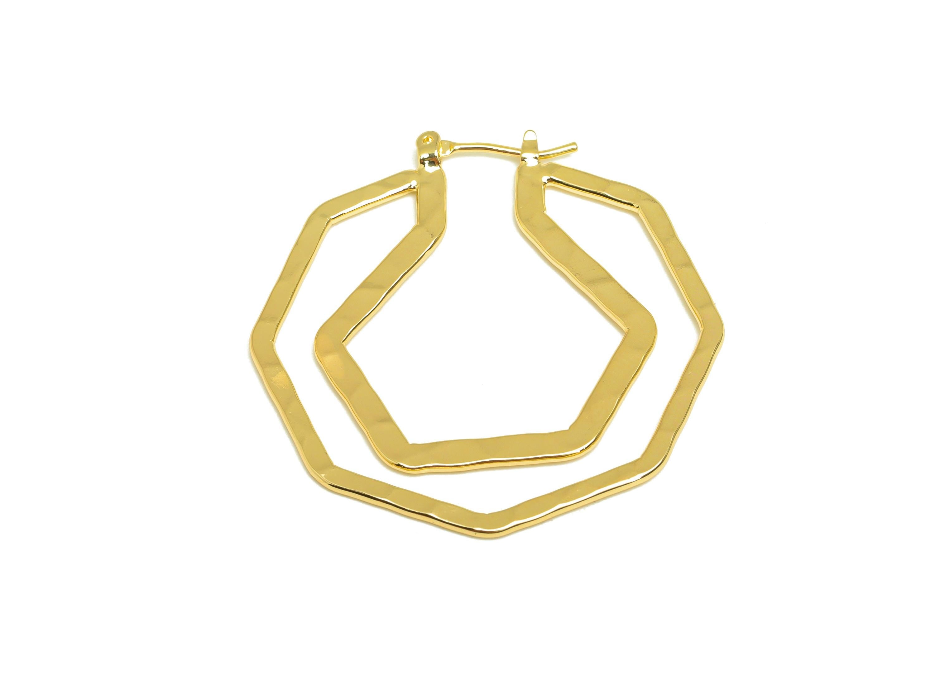 Brass Octagon Hoop Earring - Brass Hinged Back Earring - Hammered Hinged Pentagon Earring - 18K Real Gold Plating - 39x38x0.99mm - RGP7911 - DOMEDBAZAAR