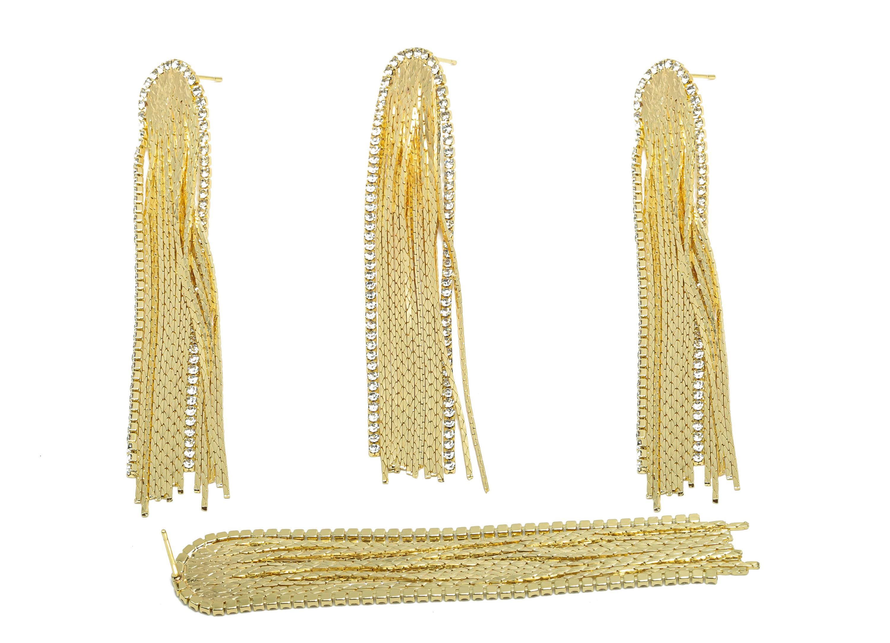 Brass CZ Tassel Earring Post - Brass Chain Earring Stud - Zircon Earring Post - Gold Jewelry - 18K Real Gold Plating - 82x14x1mm - RGP7555 - DOMEDBAZAAR