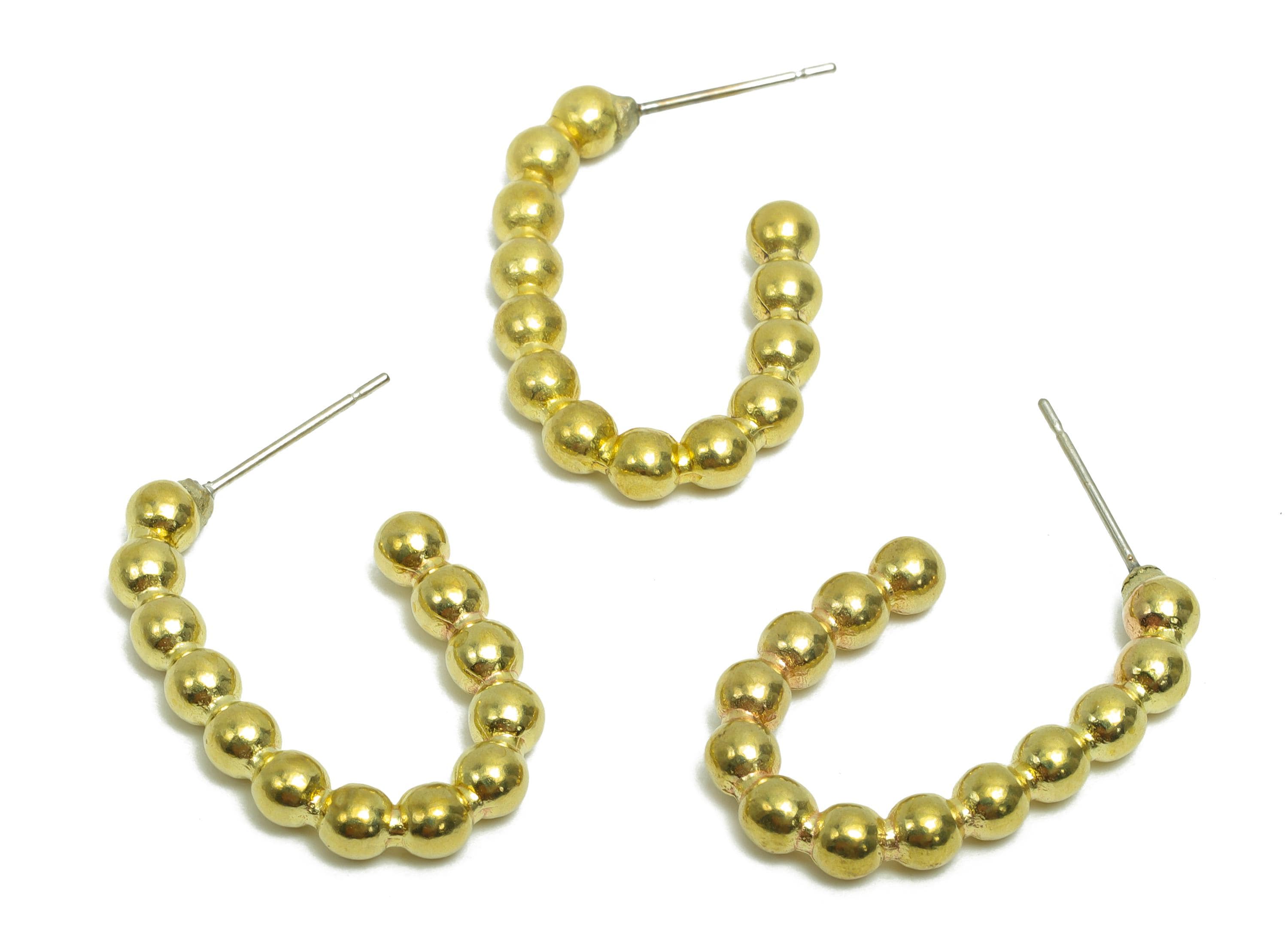 Brass Beaded  Hoop Earring Stud - Raw Brass Open Hoop Earring Post - Brass Geometry Hoop Post- For Woman - 27x17.6x3.9mm - PP10059 - DOMEDBAZAAR