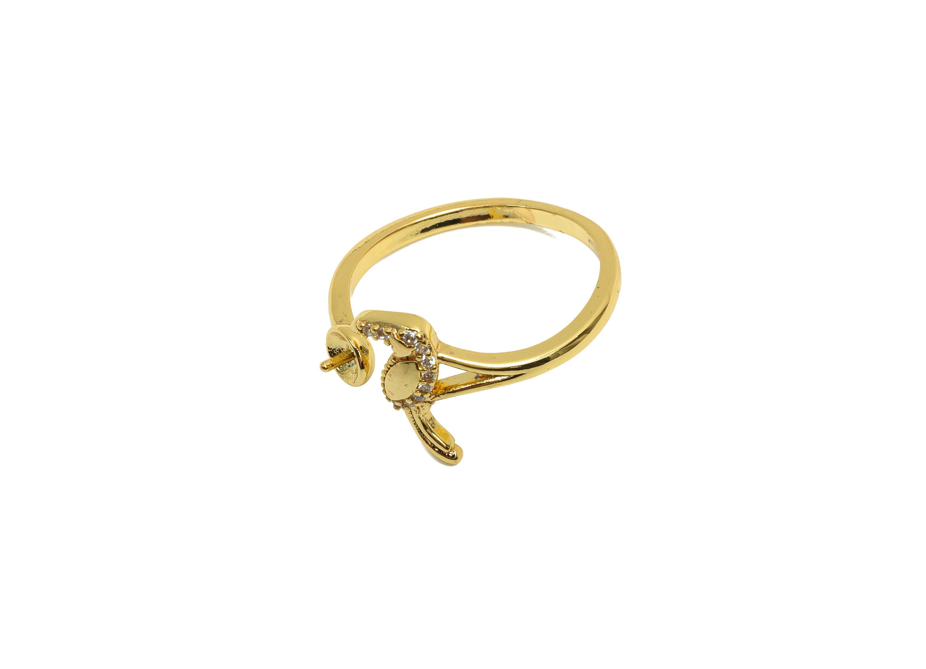 Brass CZ Adjustable Ring - Brass Woodpecker Ring - Brass Rings For Pearl - Cubic Zircon Ring - 18K Real Gold Plating - 21x12x1mm - RGP7025 - DOMEDBAZAAR