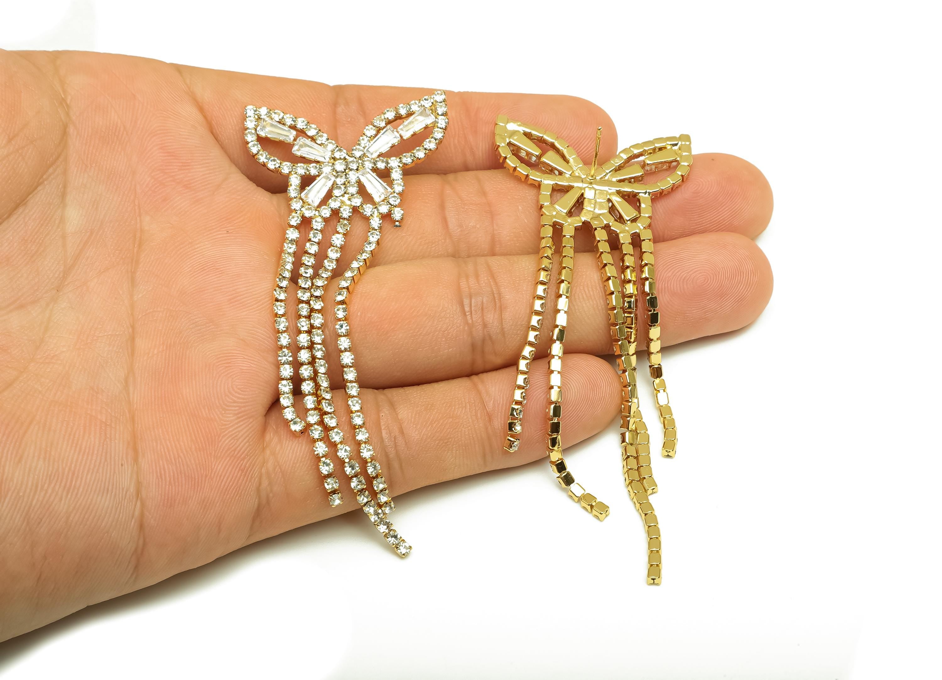 Brass CZ Earring Tassel Stud - Butterfly Tassel Earring - Brass Dangle Zircon Earring Post - 18K Real Gold Plating - 85x33x2.62mm - RGP7566 - DOMEDBAZAAR
