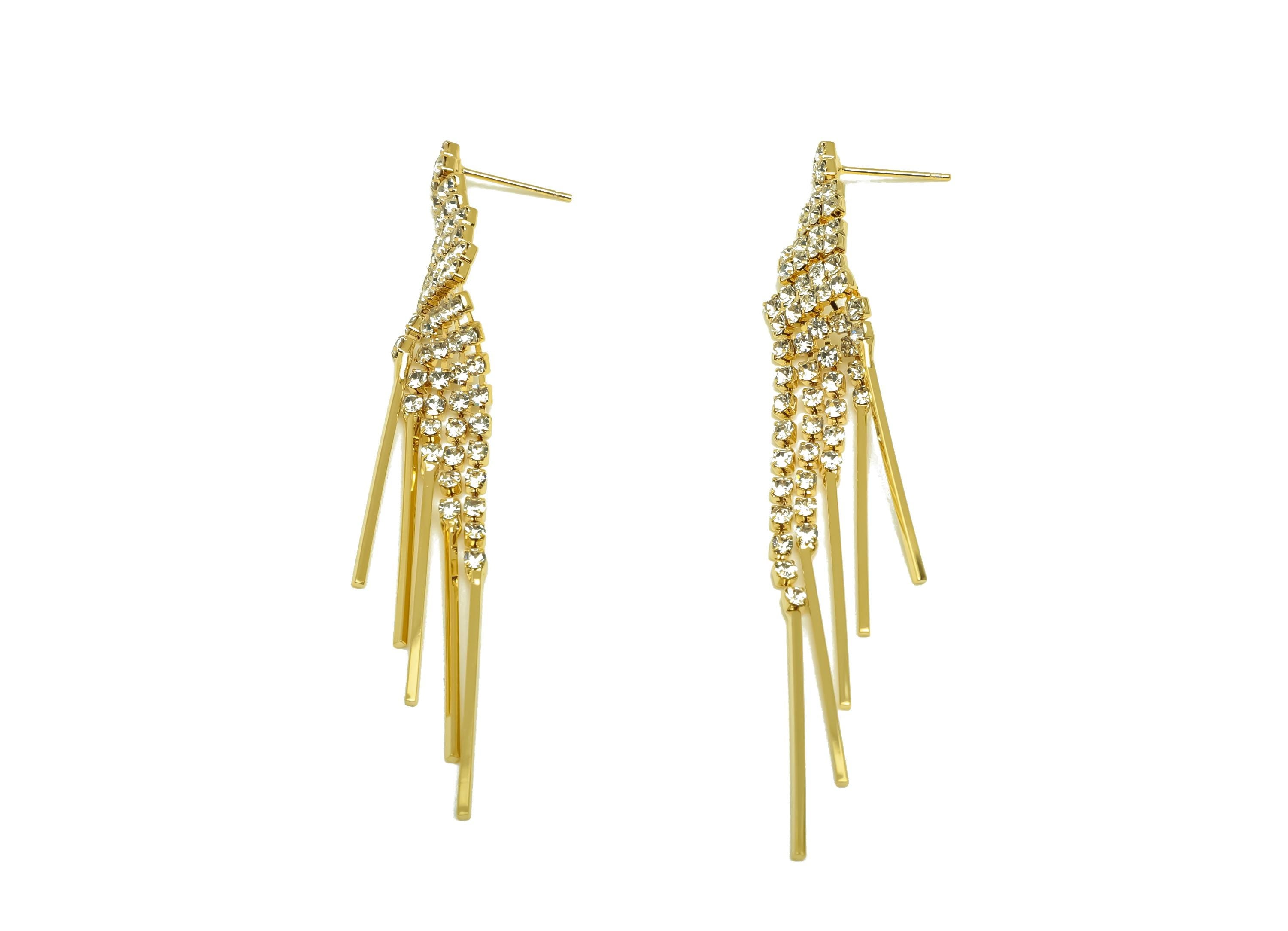 Brass CZ Earring Tassel Stud - Stick Dangle Tassel Earring - Brass Bar Zircon Earring Post - 18K Real Gold Plating - 74.96x10x2mm - RGP7550 - DOMEDBAZAAR