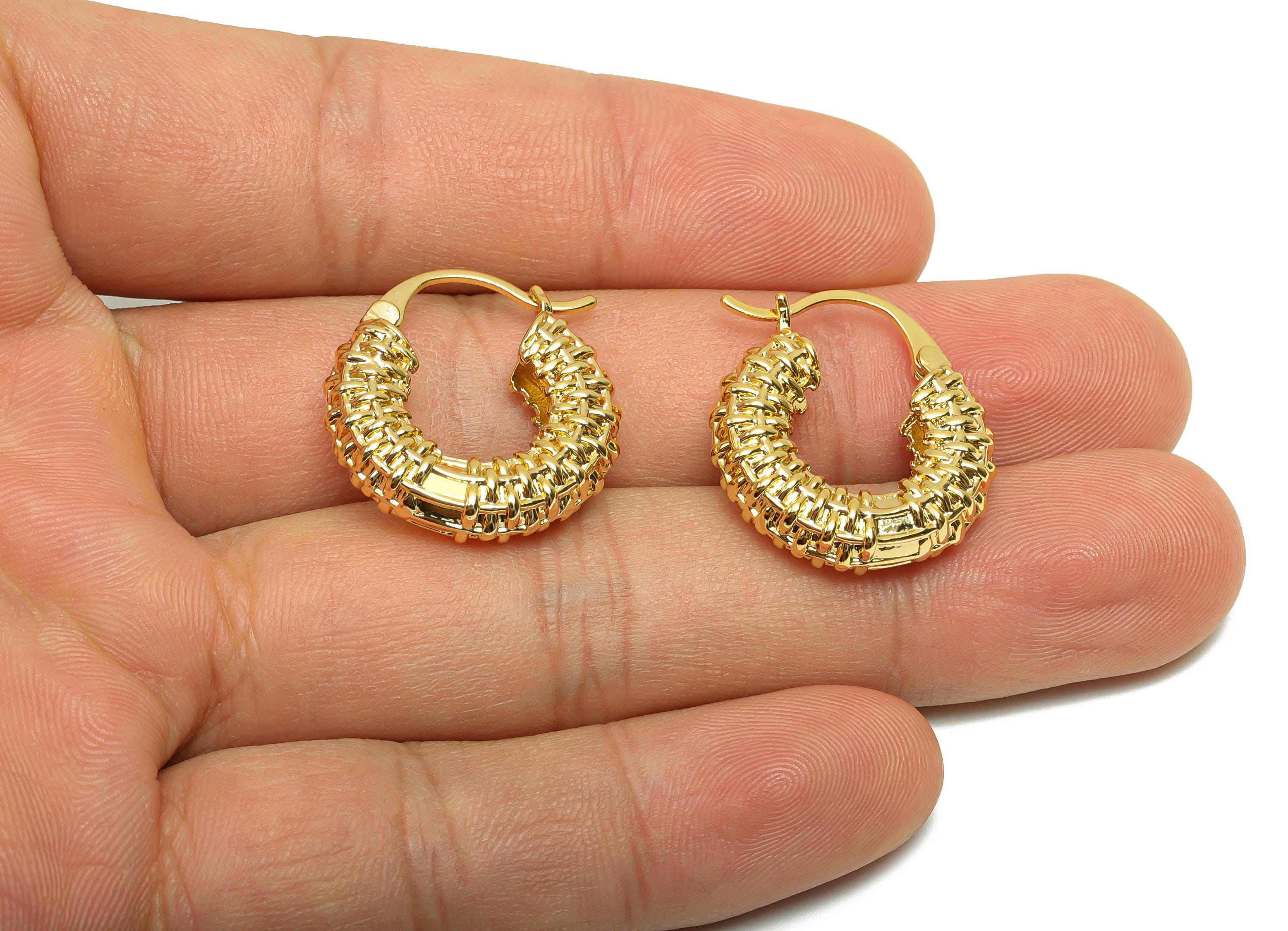 Brass Hinged Earring - For Women's - Brass Textured Thick Hoop Earring - Hinged Back - 18K Real Gold Plating - 24.20x21.92x10.43mm - RGP8306 - DOMEDBAZAAR