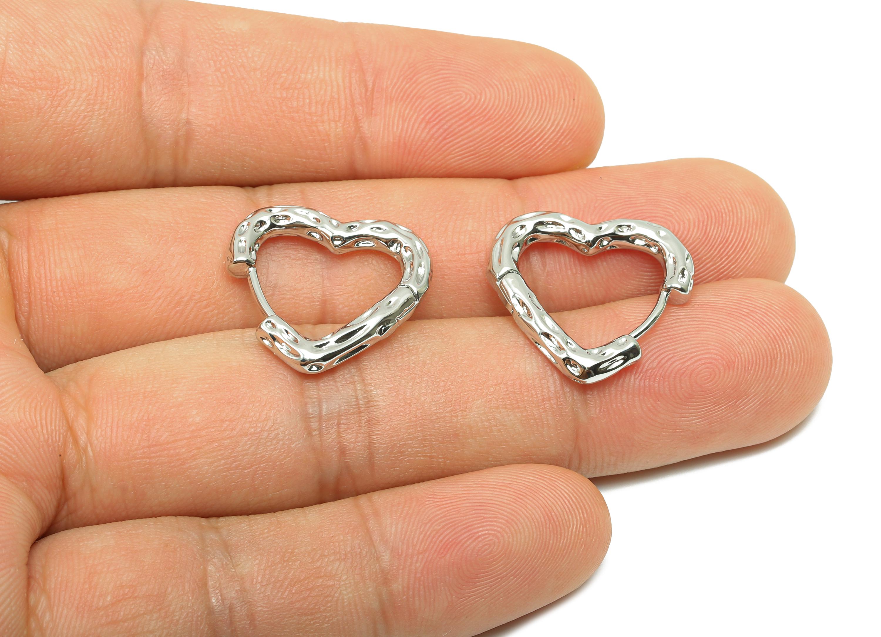 Hammered Heart Earring - For Women's Earring - Brass Valentine's Day Hoop Earring - 18K Real White Gold Plated - 17.97x18.92x3.2mm - RGP8234 - DOMEDBAZAAR