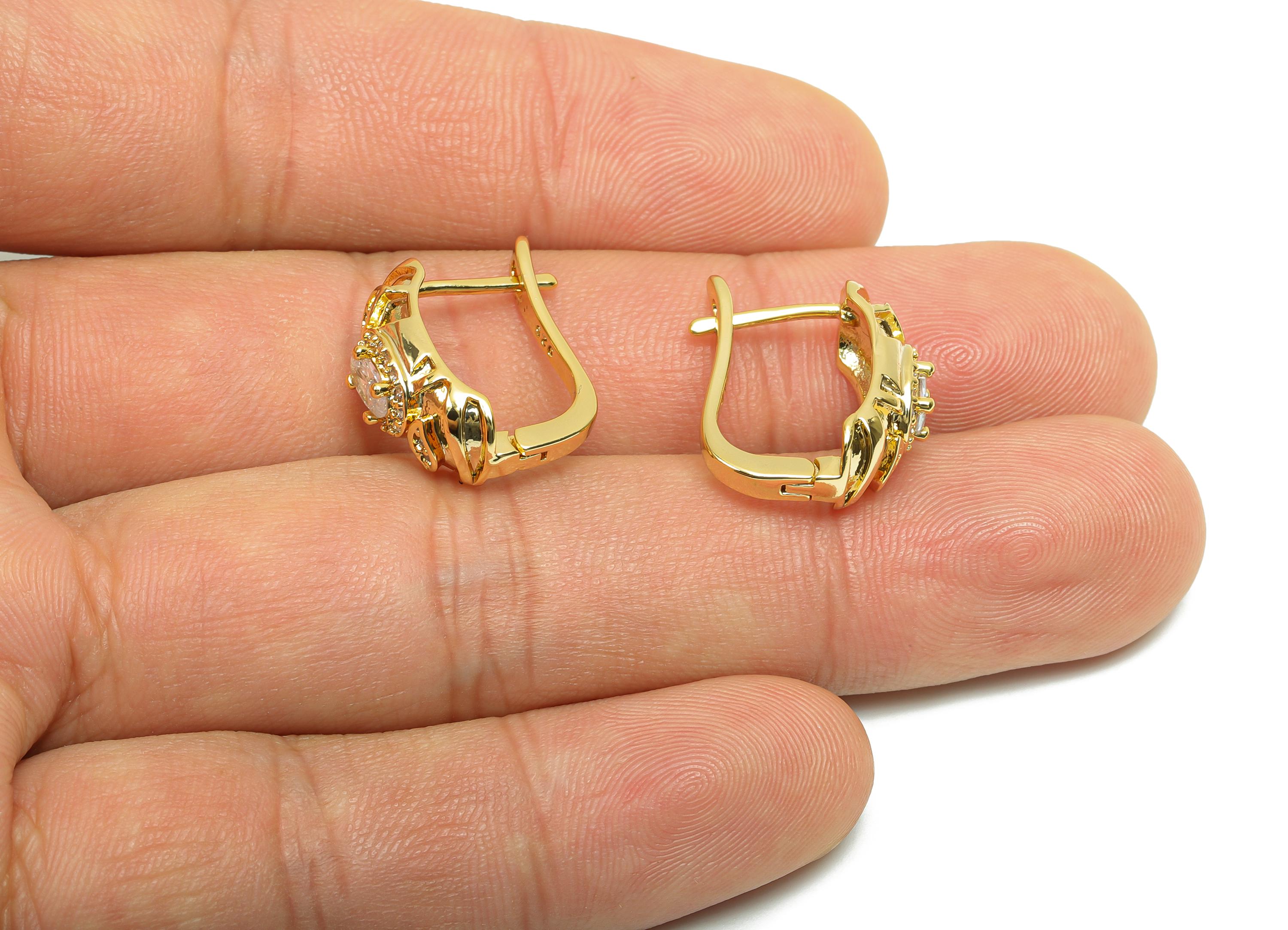 Brass CZ Hoop Earring - Brass Cubic Zircon English Lock Earring - Brass Textured Hoop Earring -18K Real Gold Plated - 19x15x4mm - RGP8314 - DOMEDBAZAAR