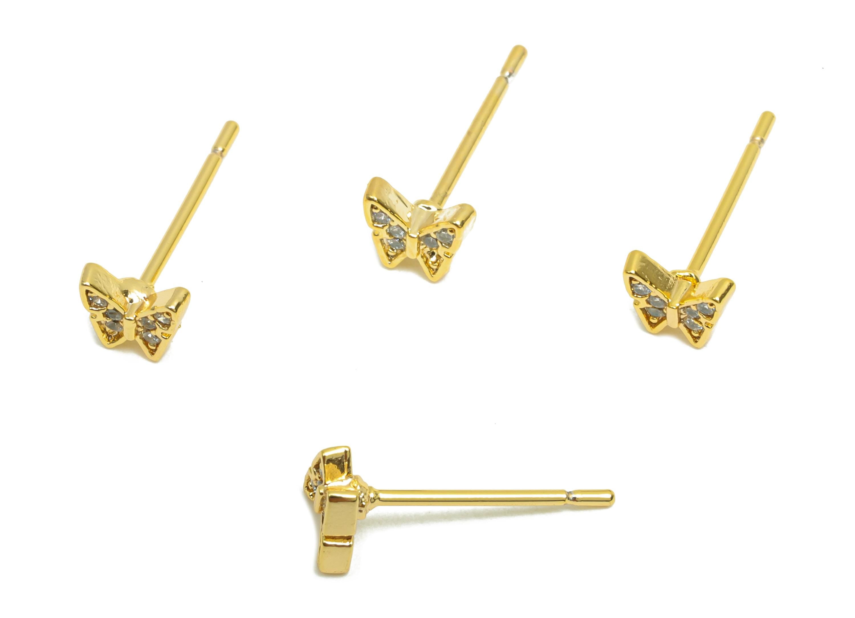 Brass CZ Earring Post - Brass Butterfly Earring Stud - Brass Cubic Zircon Earring Post  - 18K Real Gold Plating - 13.8x4.93x1.82mm - RGP8300 - DOMEDBAZAAR