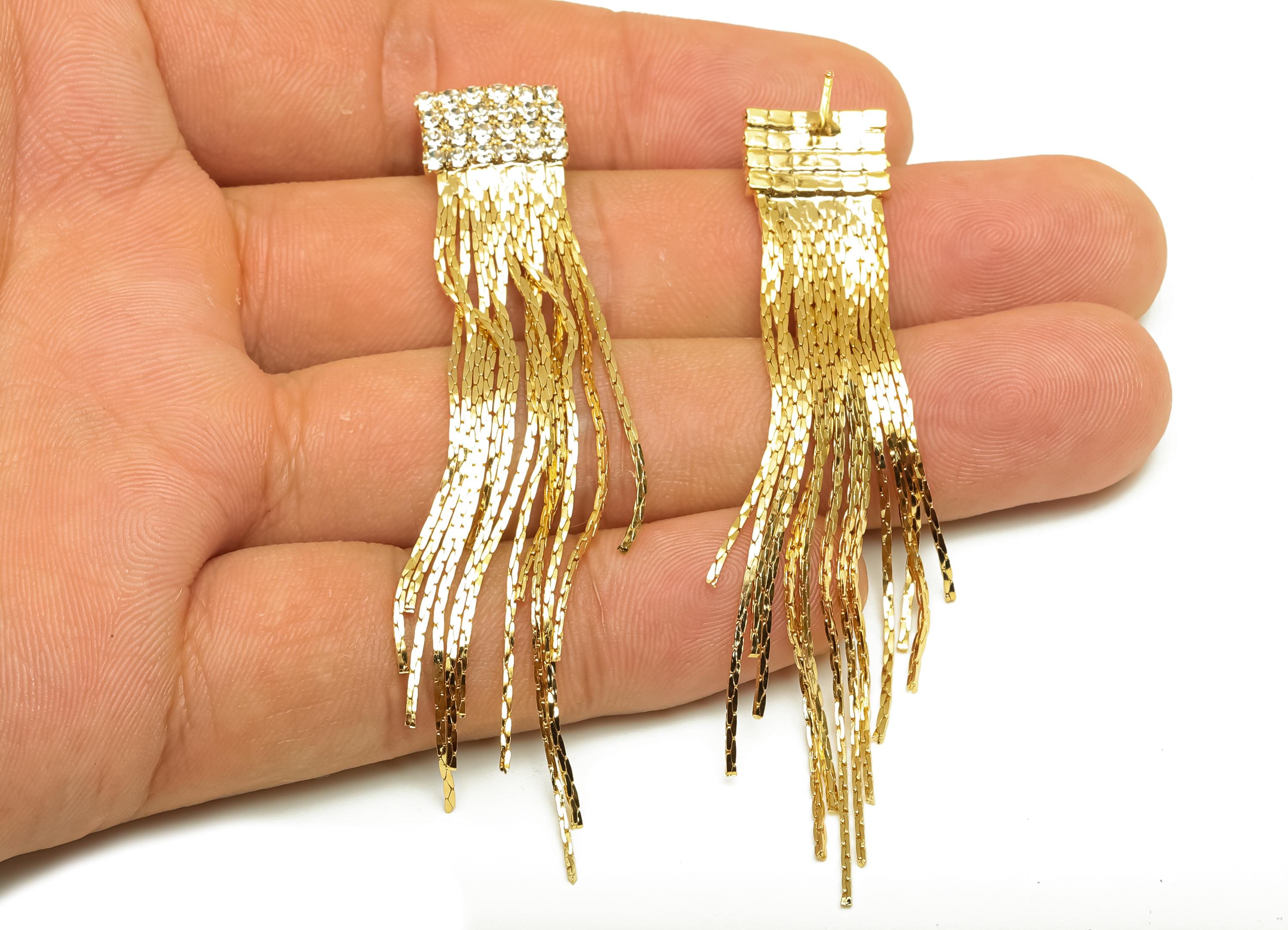 Brass CZ Earring Tassel Stud - Brass Rectangle Tassel Earring - Brass Chain Zircon Earring Post - 18K Real Gold Plating - 74x13x2mm -RGP7567 - DOMEDBAZAAR