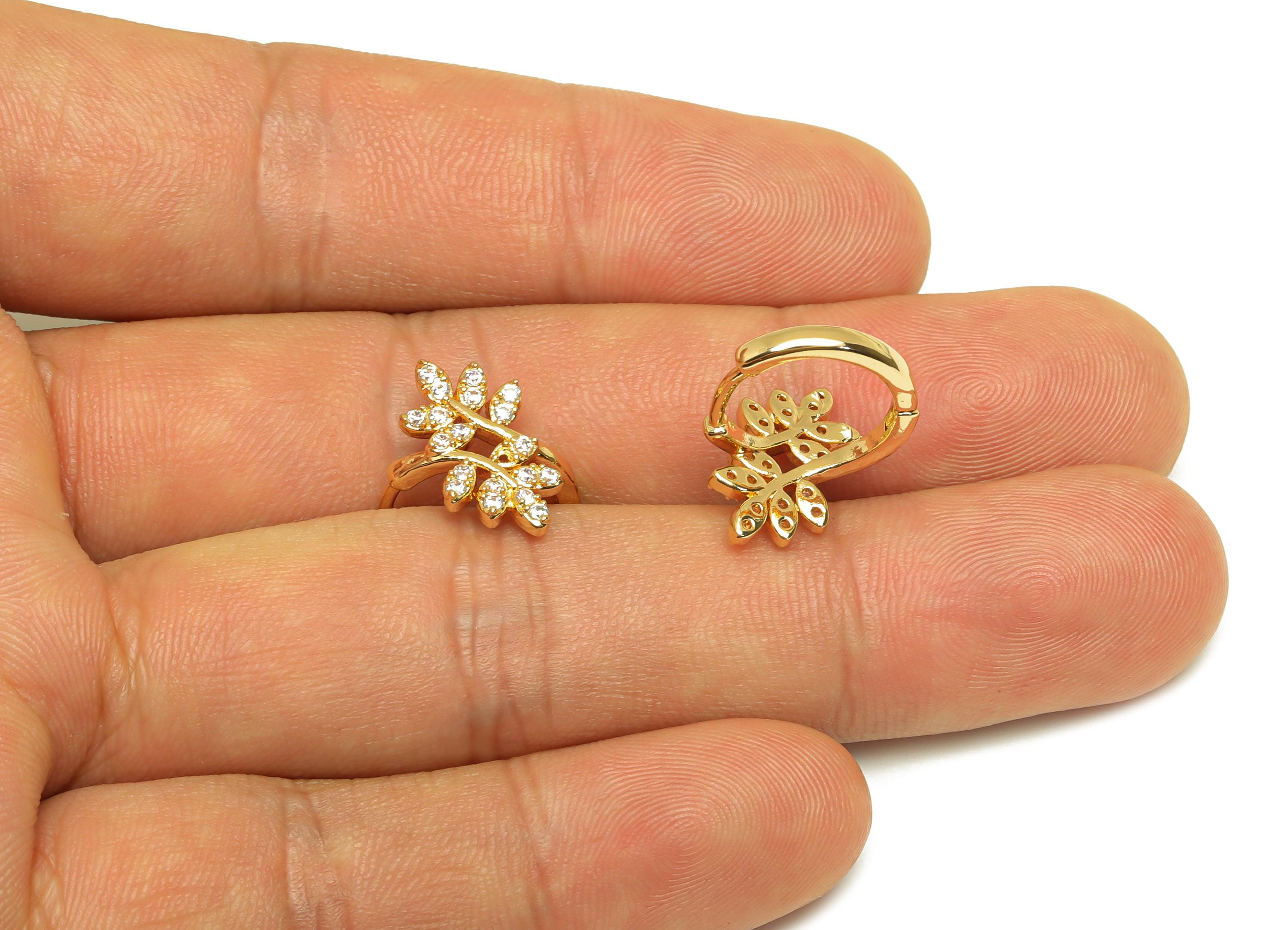 Brass Branch Hoop Earring - Gold Zircon Leaf Huggie Hoop Earring - CZ Leaves Hoop Earrings - 18K Real Gold Plating - 16x15x2.2mm - RGP7603 - DOMEDBAZAAR