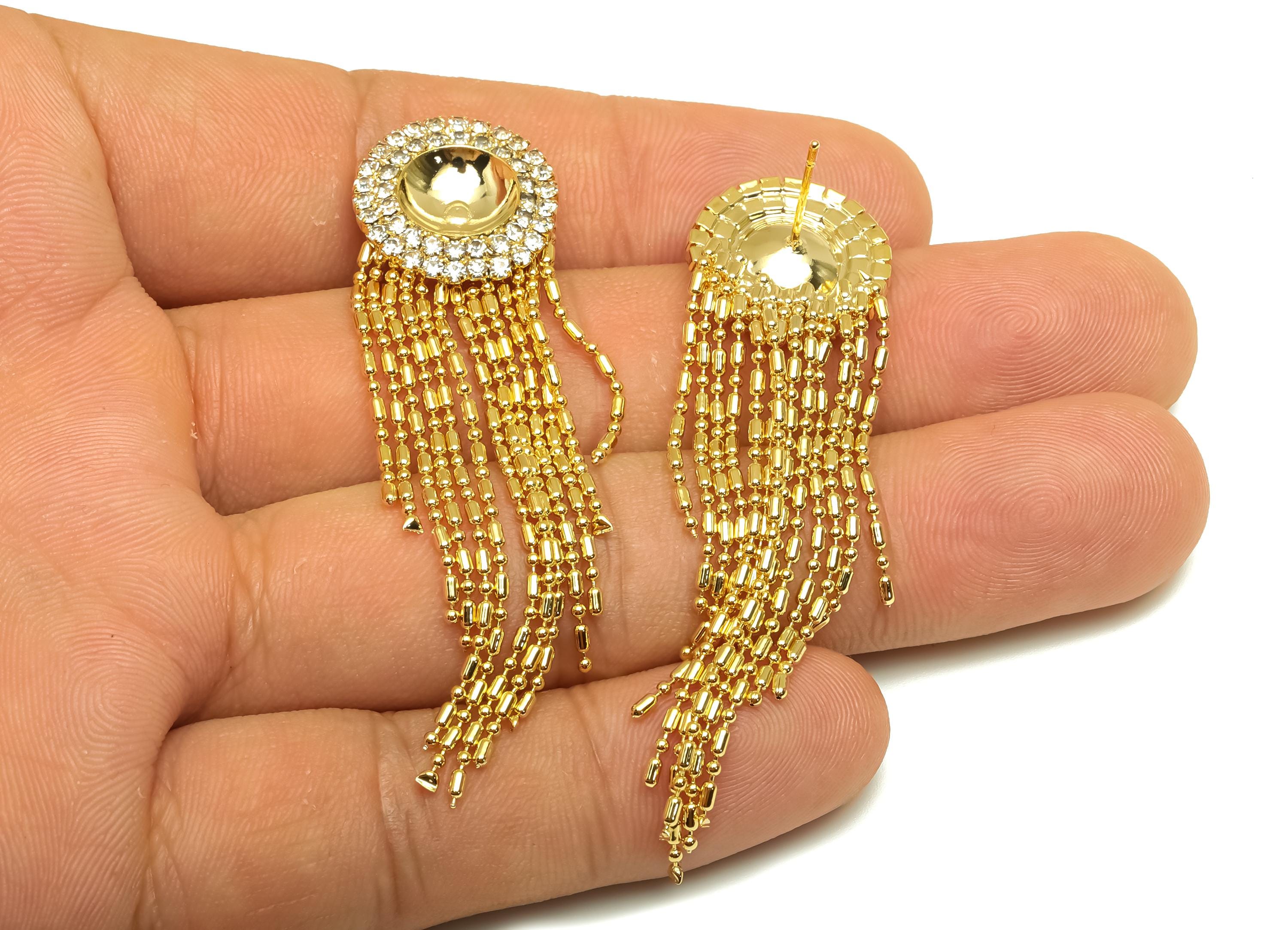 Brass CZ Earring Tassel Stud - Brass Tassel Earring For Pearl - Beaded Chain Zircon Earring Post - 18K Real Gold Plating - 78x14x1mm-RGP7552 - DOMEDBAZAAR