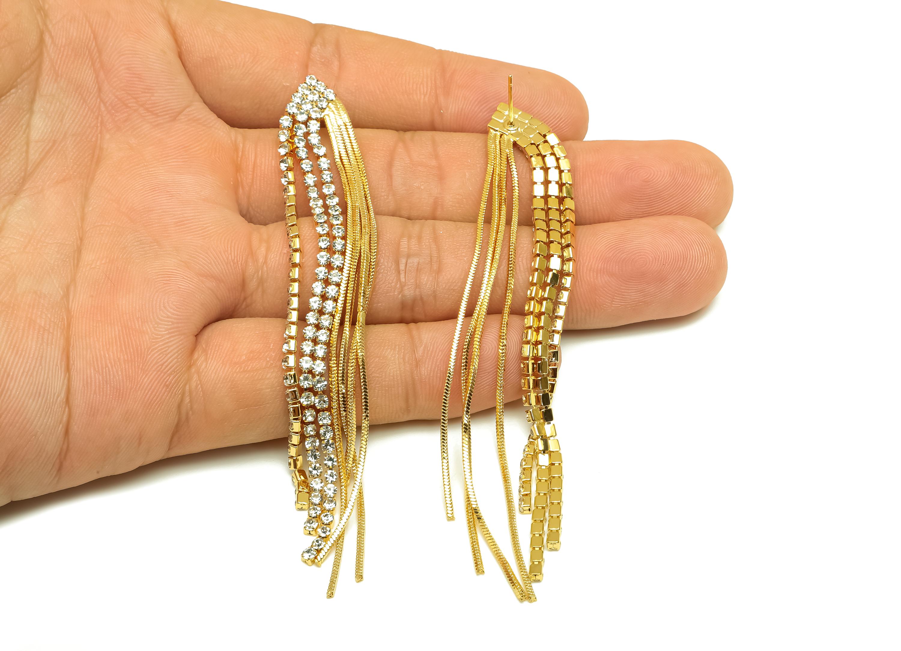 Brass CZ Earring Tassel Stud - Brass Tassel Earring - Brass Snake Chain Zircon Earring Post - 18K Real Gold Plating - 91.64x12x2mm - RGP7547 - DOMEDBAZAAR