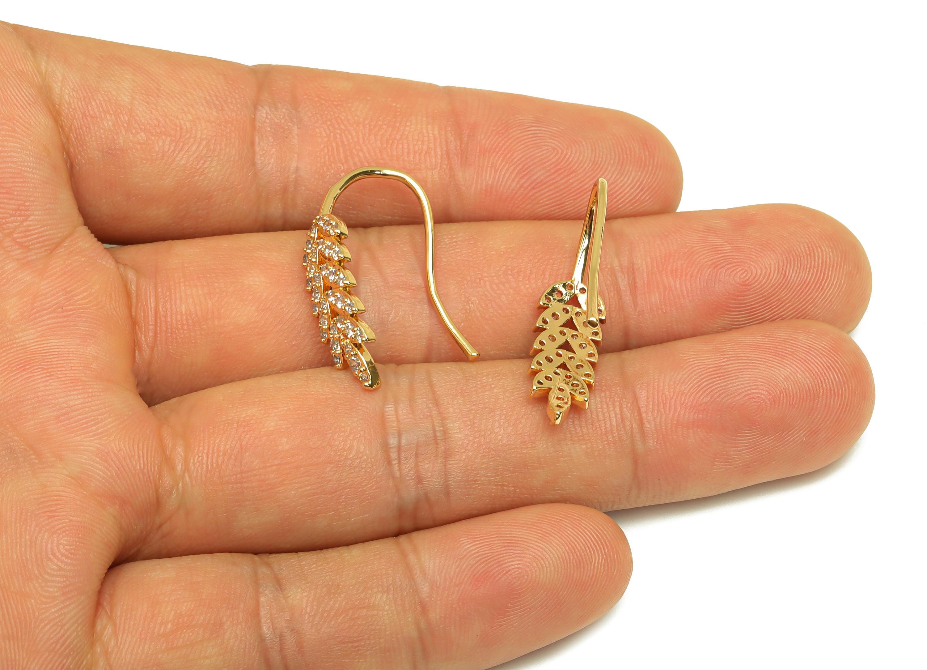 Brass Wheat Earring Wire - Gold Zircon Leaves Hoop Earring Wire - CZ Wheat Earring Wire - 18K Real Gold Plating - 26.37x7.7x2.34mm - RGP7606 - DOMEDBAZAAR