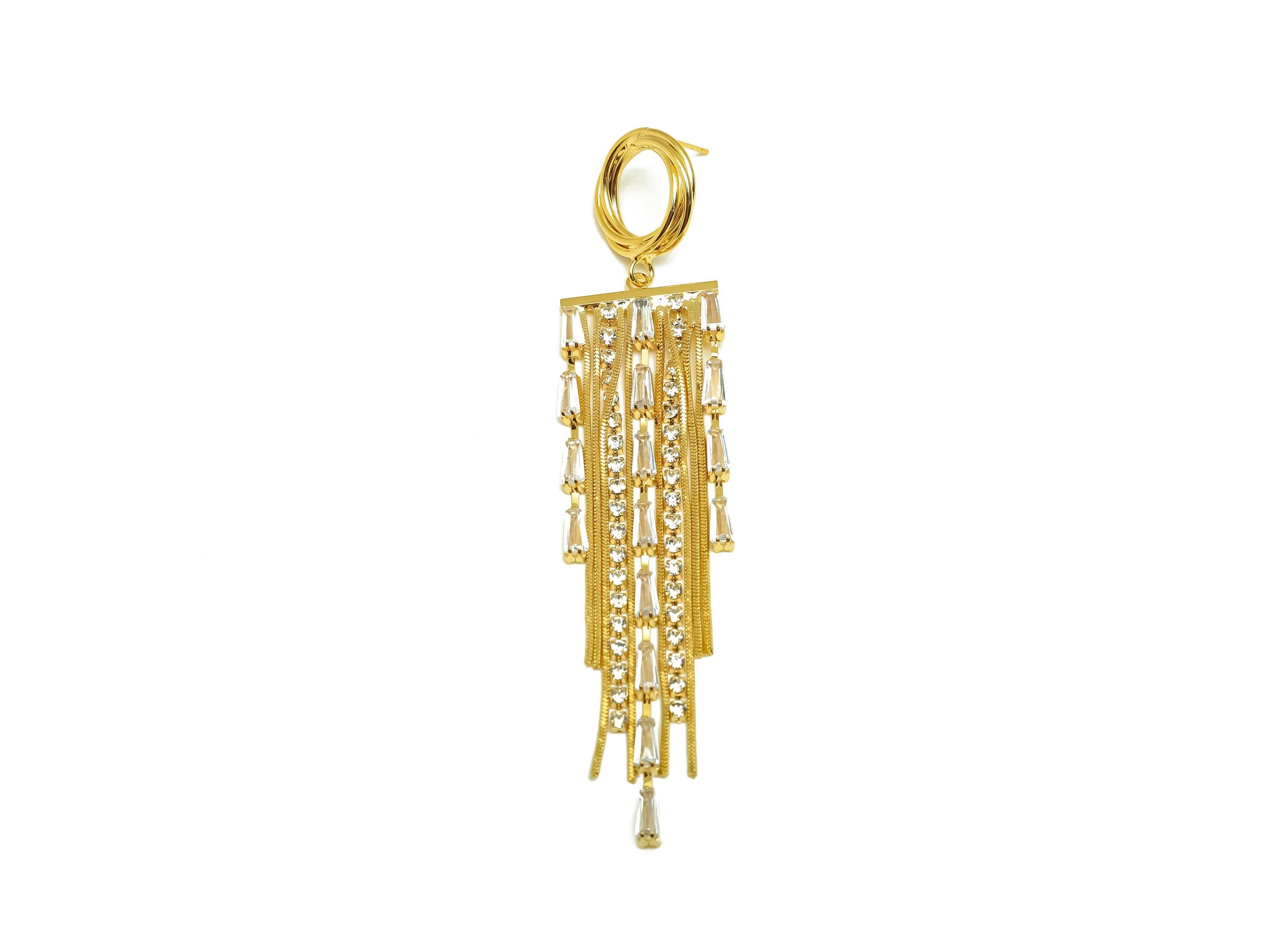 Brass CZ Earring Tassel Stud - Brass Geometry Tassel Earring - Snake Chain Zircon Earring Post - 18K Real Gold Plating -97x19x3mm - RGP7578 - DOMEDBAZAAR