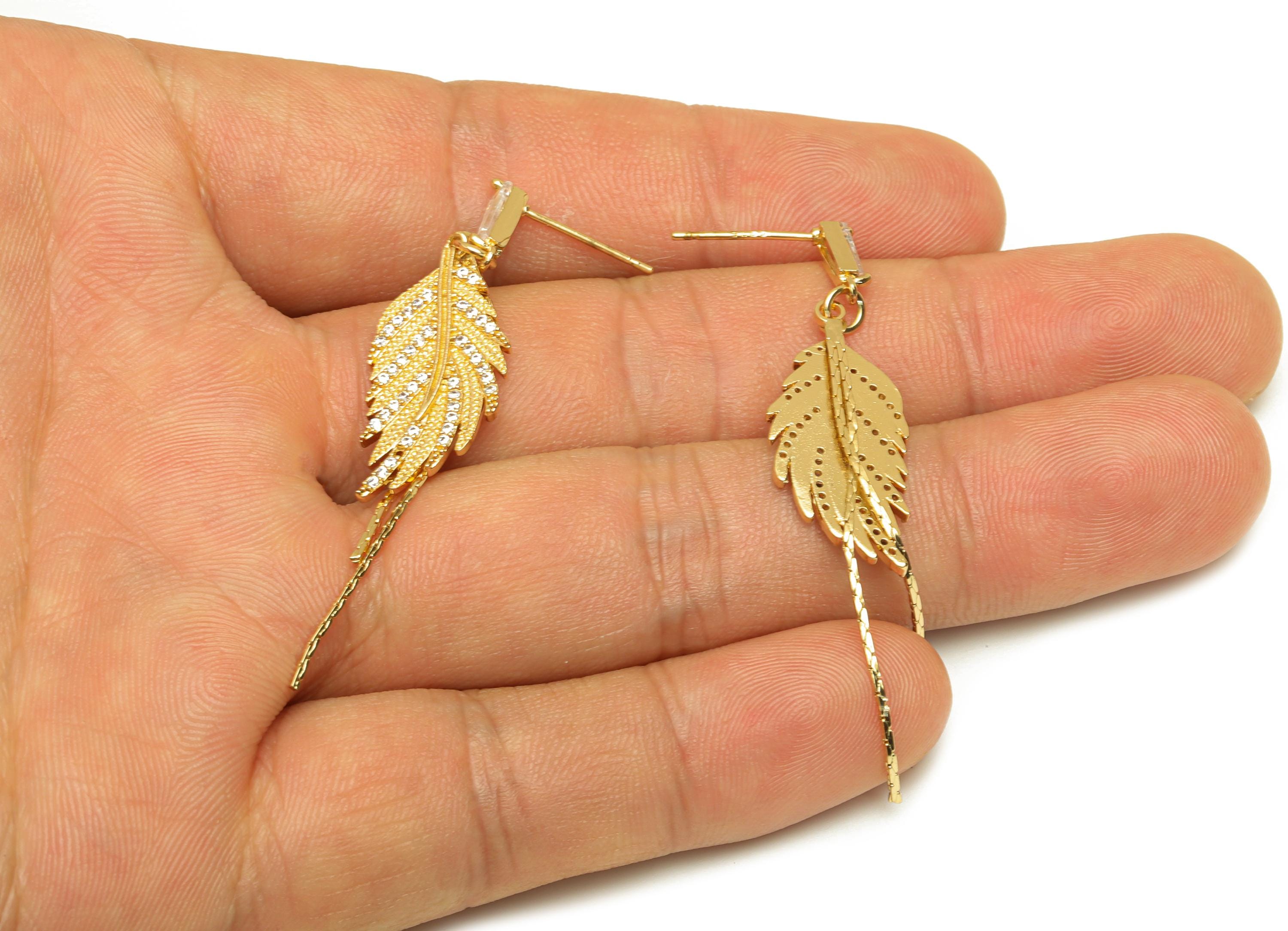 Brass Leaf Dangle Earring - CZ Feather Snake Chian Earring Post - Gold Leaves Dangle Ear - 18K Real Gold Plated -45.3x11.84x1.89mm - RGP7607 - DOMEDBAZAAR
