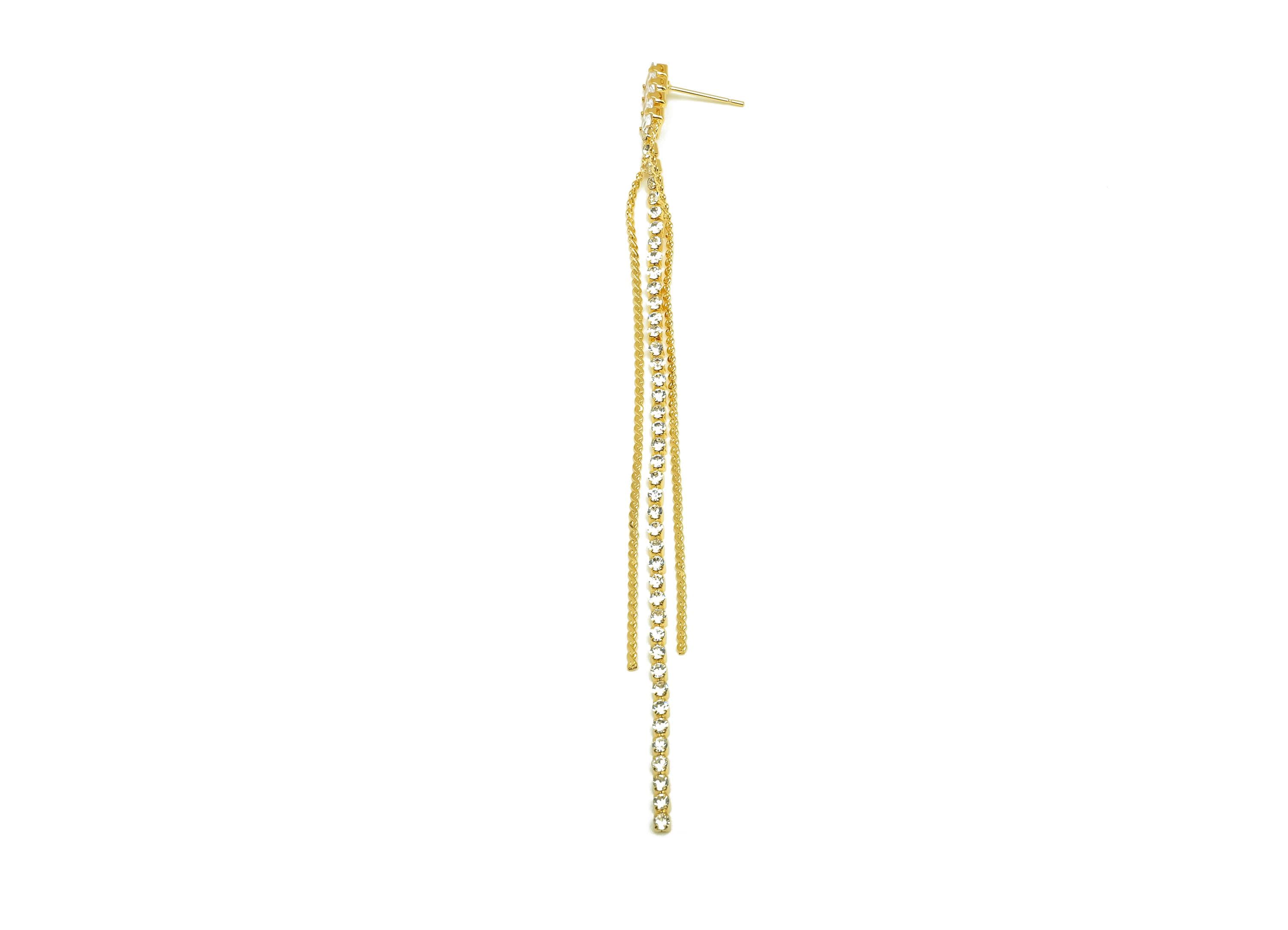 Brass CZ Earring Tassel Stud - Brass Rectangle Tassel Earring - Snake Chain Zircon Earring Post - 18K Real Gold Plating - 116x5x3mm -RGP7543 - DOMEDBAZAAR
