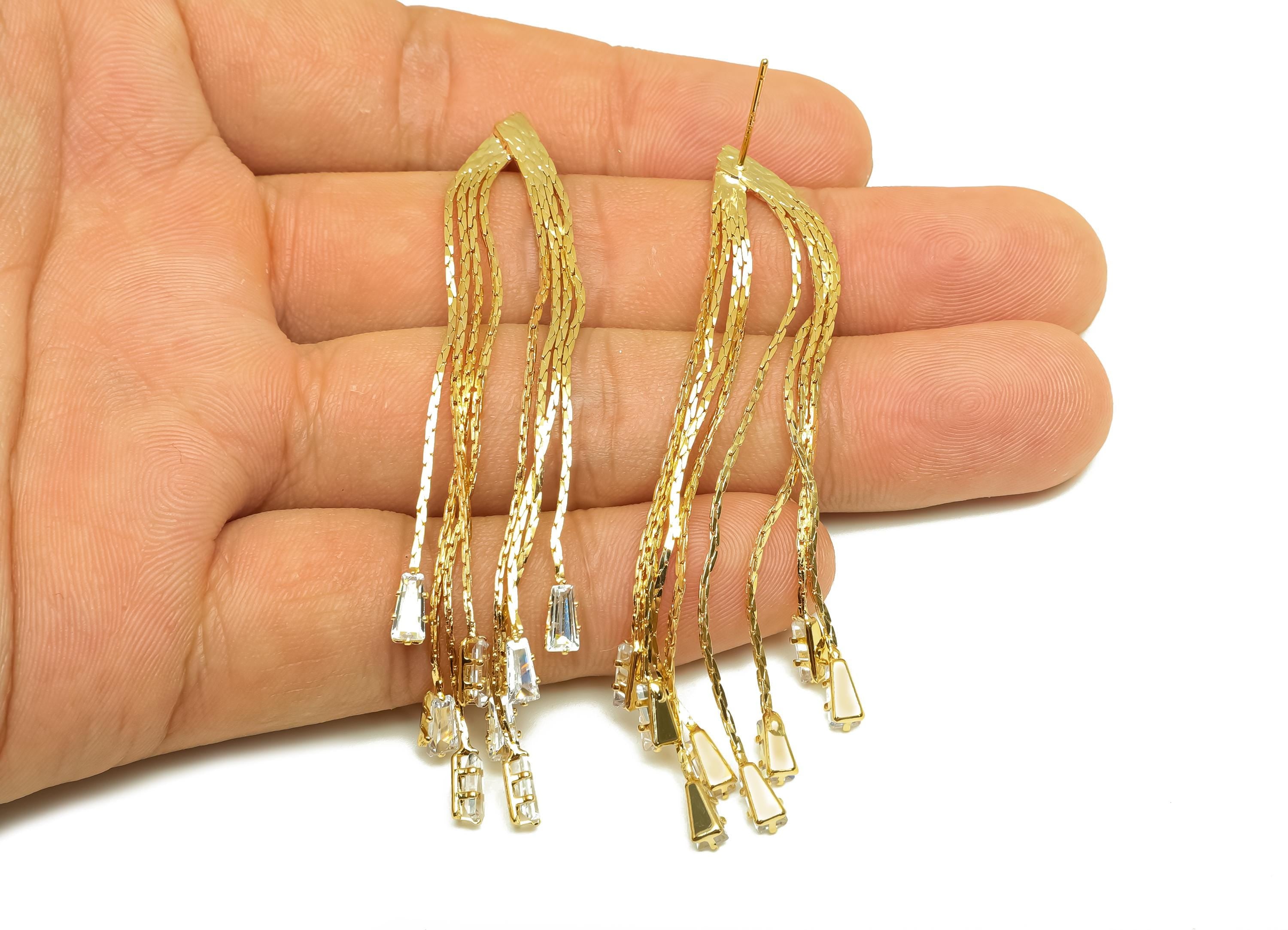 Brass CZ Earring Tassel Stud - Brass Trapezoid Tassel Earring - Cubic Zircon Earring Post - 18K Real Gold Plating - 76x9.89x0.92mm - RGP7573 - DOMEDBAZAAR