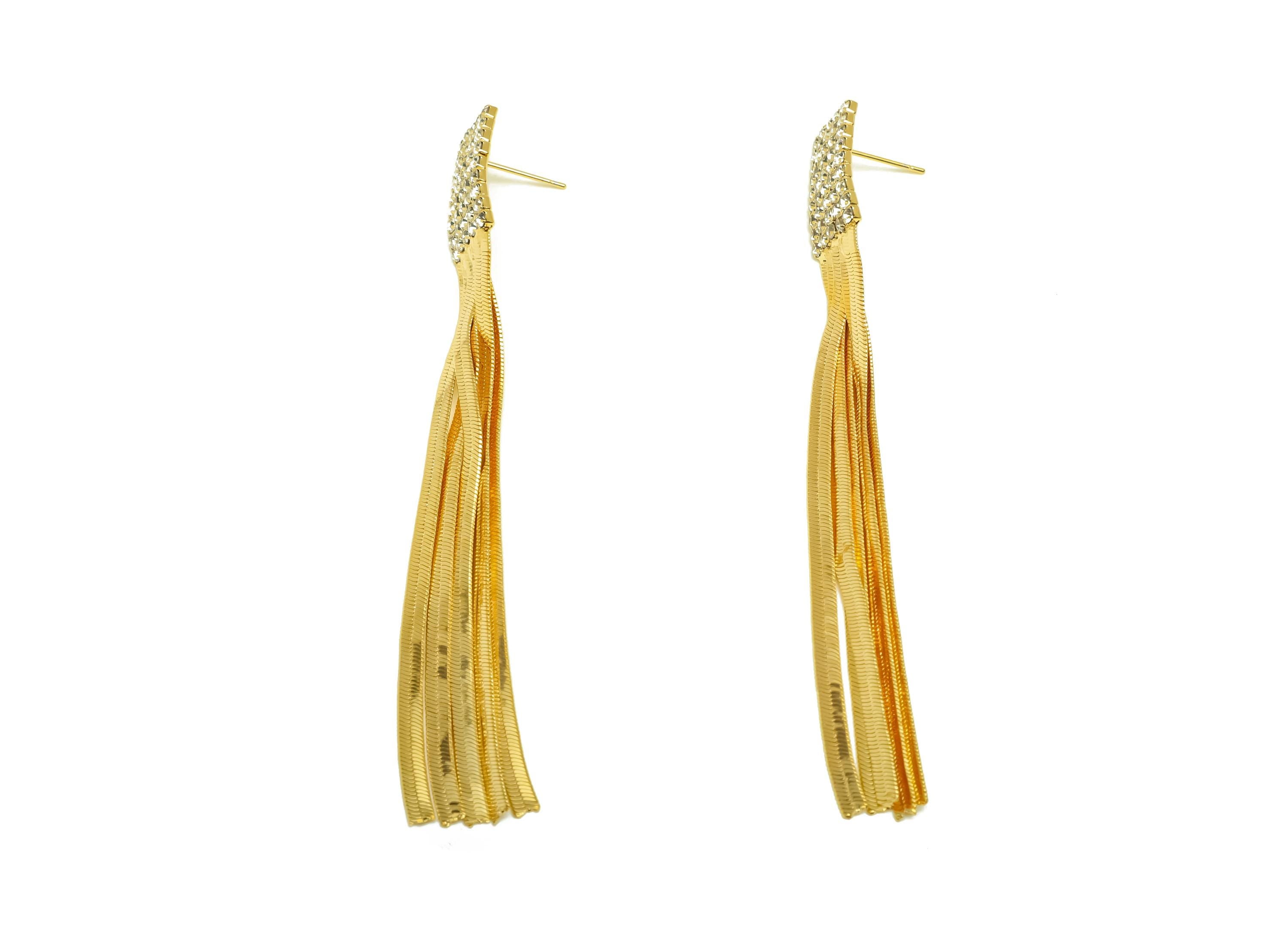 Brass CZ Earring Tassel Stud - Brass Tassel Rectangle Earring - Snake Chain Zircon Earring Post - 18K Real Gold Plating - 97x10x2mm- RGP7539 - DOMEDBAZAAR