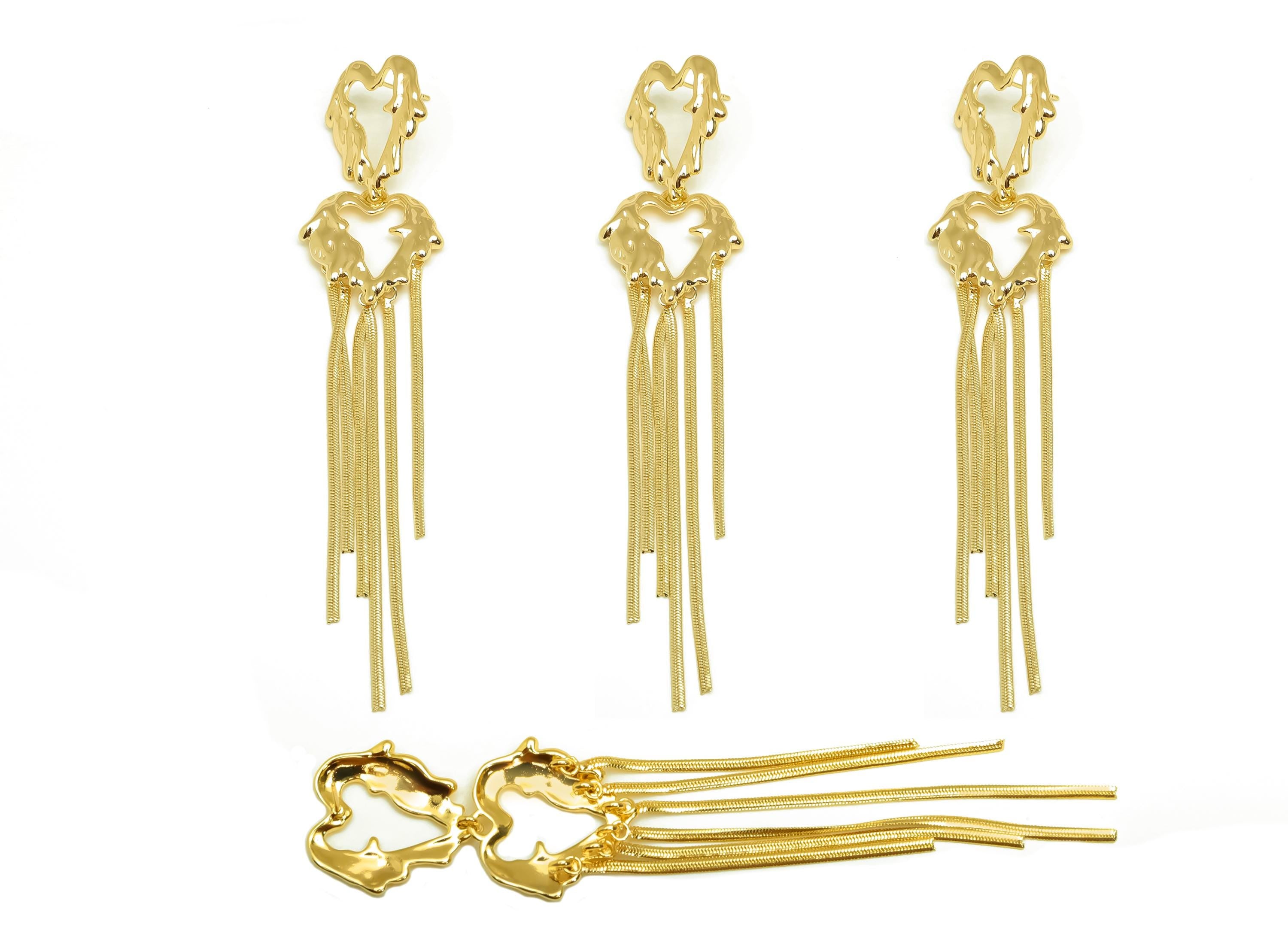 Brass Earring Tassel Stud - Brass Melt Heart Tassel Earring - Dangle Snake Chain Earring Post - 18K Real Gold Plating - 115x24x2mm - RGP7553 - DOMEDBAZAAR