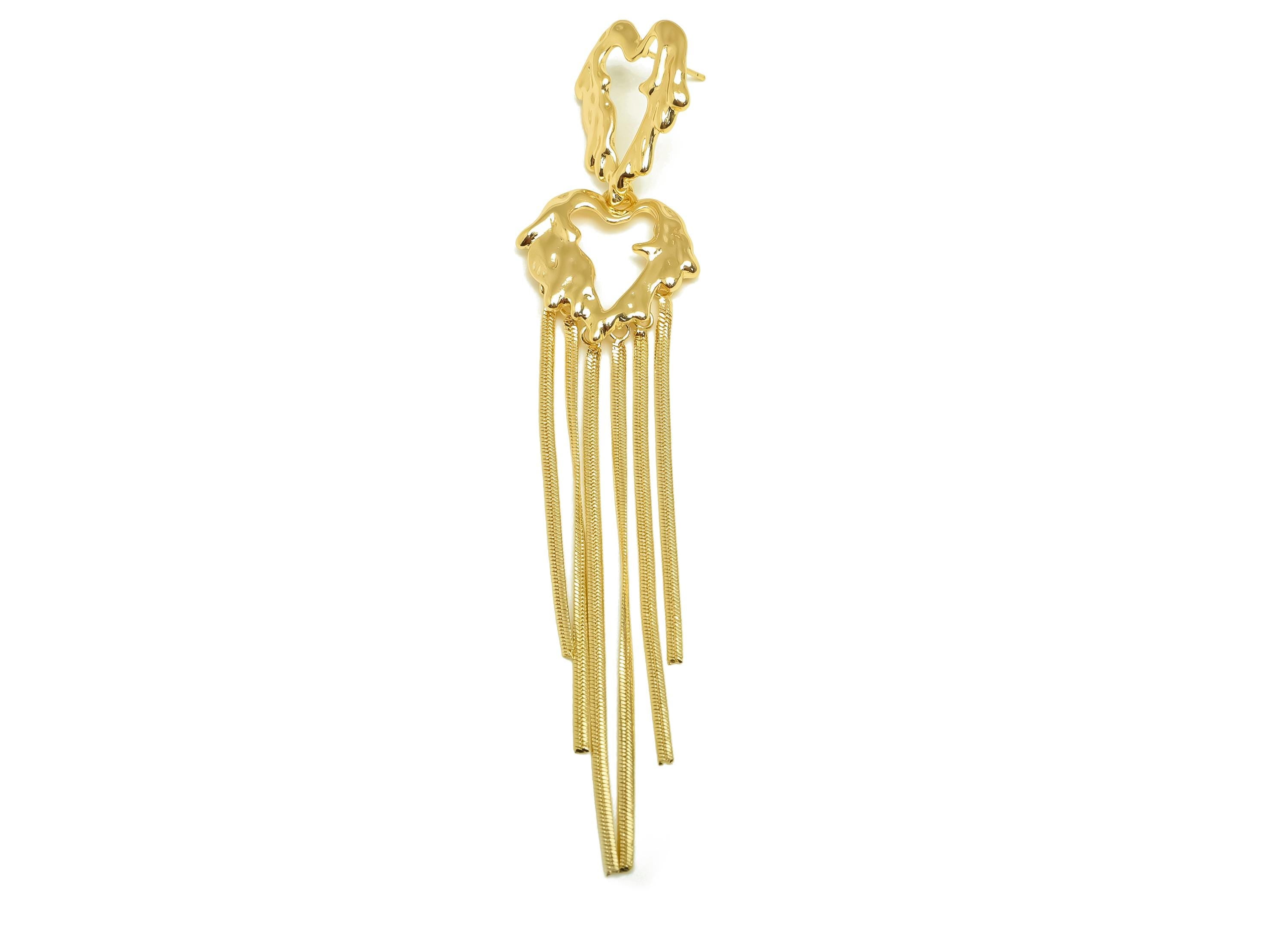 Brass Earring Tassel Stud - Brass Melt Heart Tassel Earring - Dangle Snake Chain Earring Post - 18K Real Gold Plating - 115x24x2mm - RGP7553 - DOMEDBAZAAR