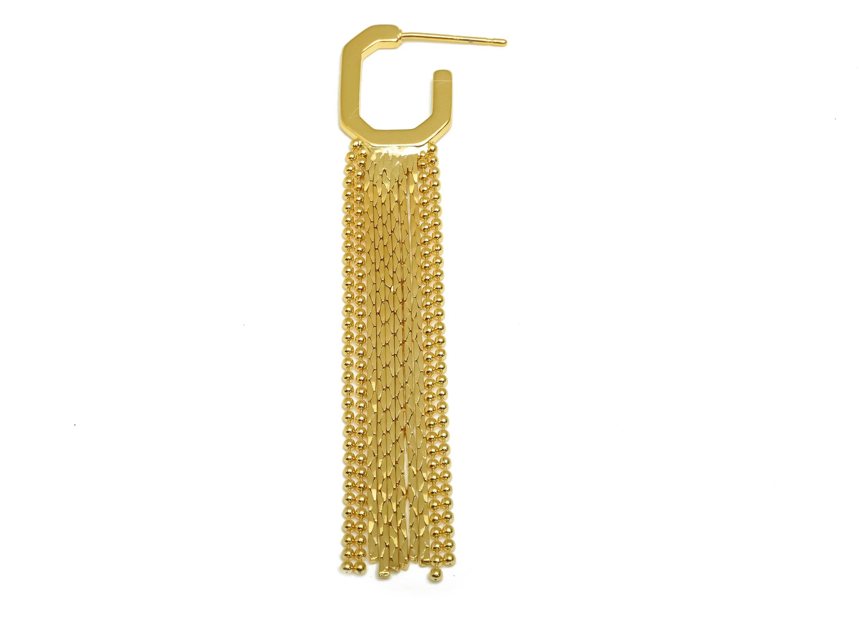 Brass Earring Tassel Stud - Brass Hoop Rectangle Bead Tassel Earring - Snake Chain Earring Post - 18K Real Gold Plating - 67x12x1mm -RGP7559 - DOMEDBAZAAR