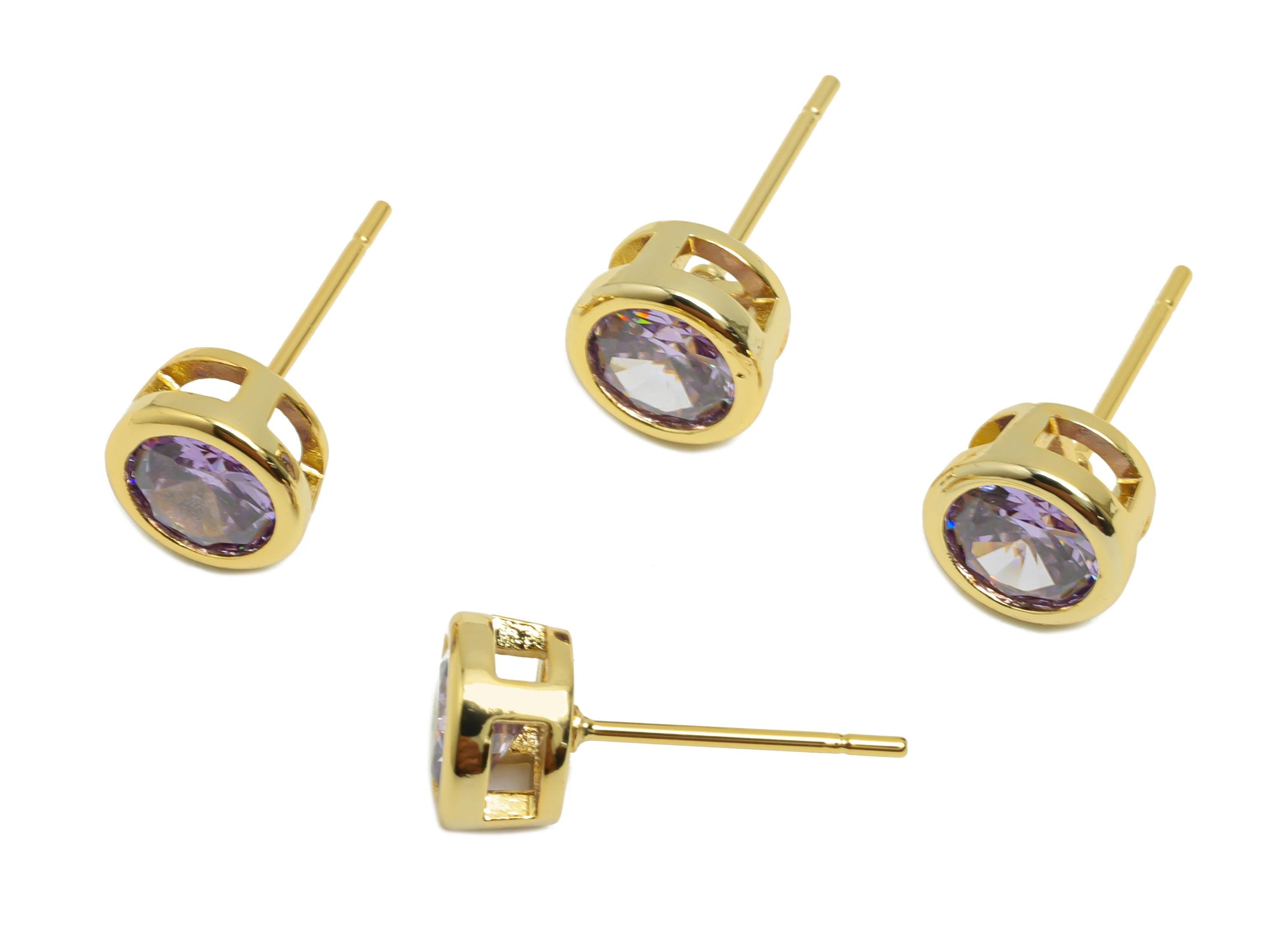 Brass CZ Earring Post - Brass Light Amethyst Earring Stud - Brass Cubic Zircon Earring Post  - 18K Real Gold Plating - 16x7x5.5mm - RGP8395Y - DOMEDBAZAAR