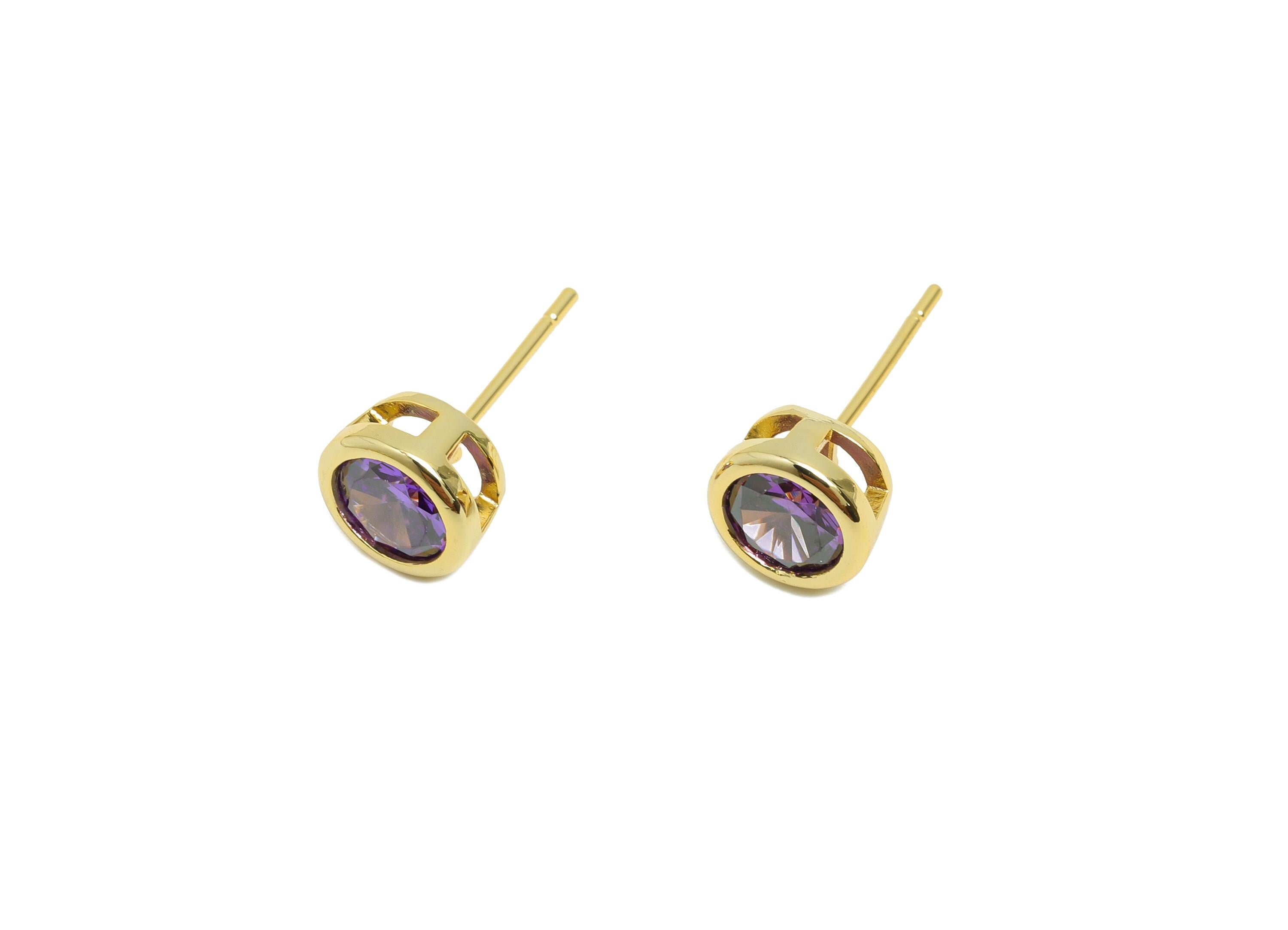 Brass CZ Earring Post - Brass Deep Violet Earring Stud - Cubic Zircon Earring Post  - Gold Jewelry - 18K Real Gold Plated -16x7x5mm-RGP8395S - DOMEDBAZAAR