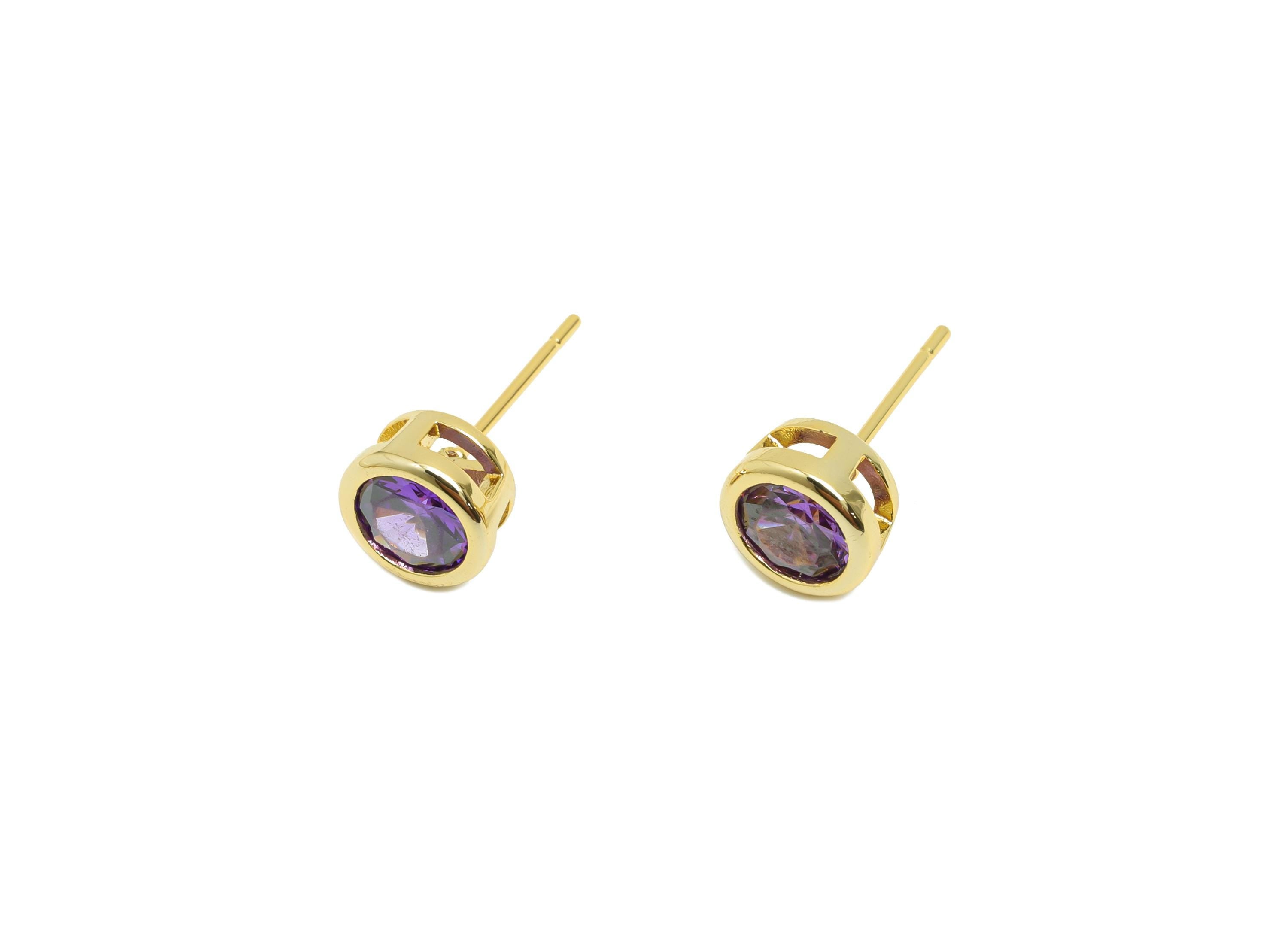 Brass CZ Earring Post - Brass D-Amethyst Earring Stud - Cubic Zircon Earring Post  - Gold Jewelry - 18K Real Gold Plated -16x7x5mm-RGP8395T - DOMEDBAZAAR