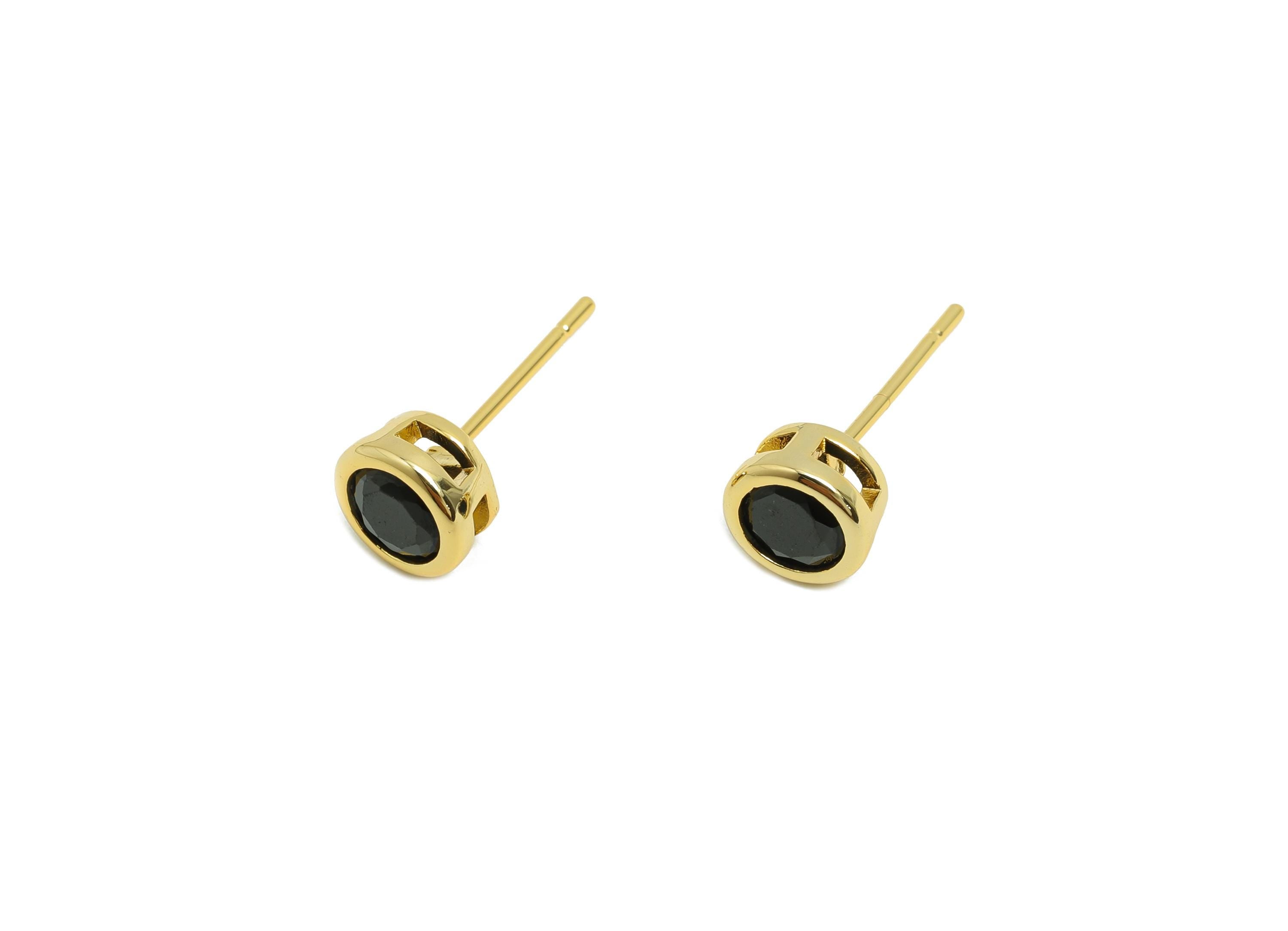 Brass CZ Earring Post - Brass Black (CZ-22) Earring Stud - Zircon Earring Post - Gold Jewelry - 18K Real Gold Plated - 15.6x6x4mm - RGP8396F - DOMEDBAZAAR