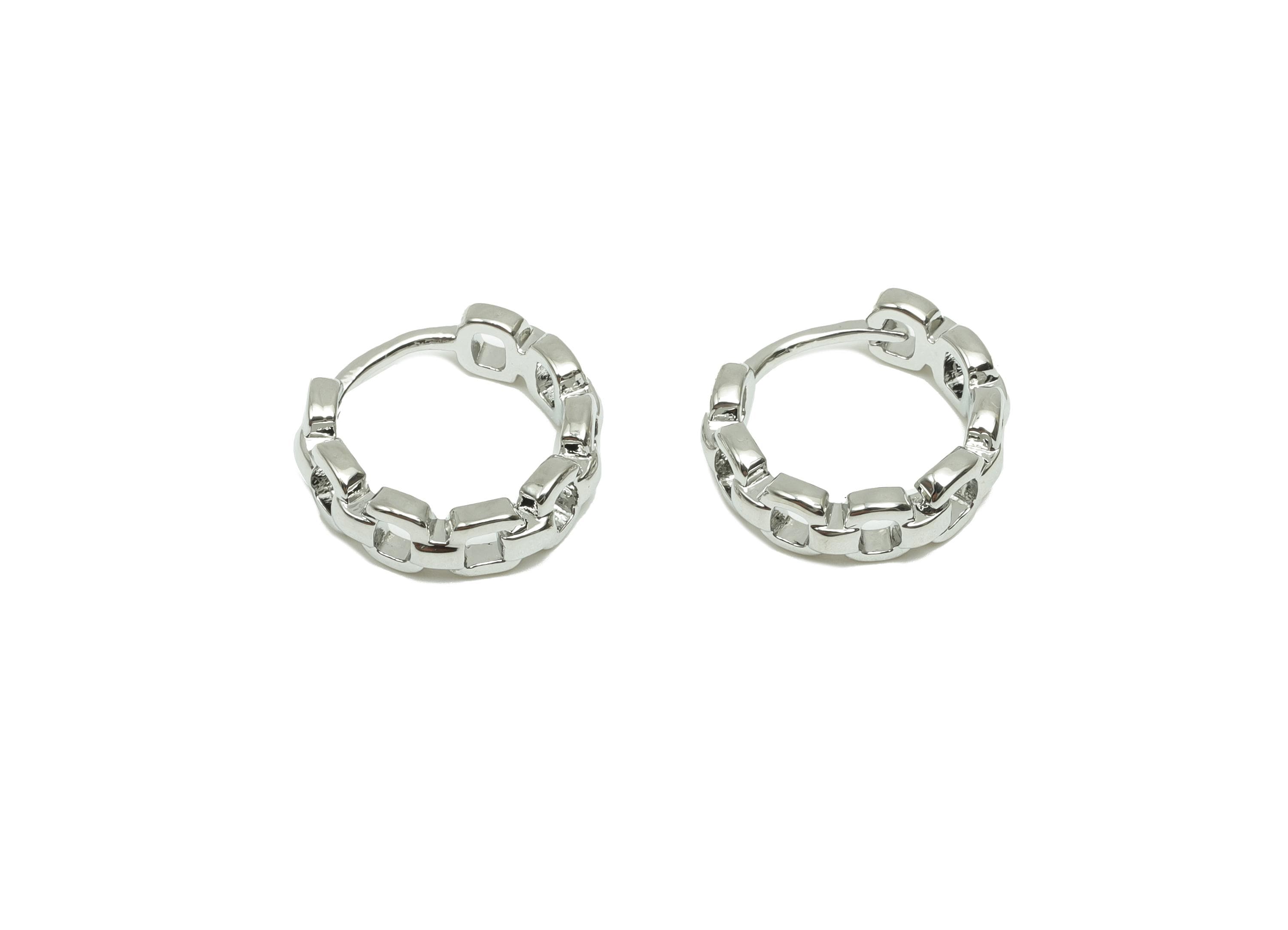 Round Chain Earring - For Woman's Huggie Earring - Brass Daily Wear Hoop Earring - 18K Real White Gold Plated - 11.89x12.72x2.25mm - RGP8264 - DOMEDBAZAAR