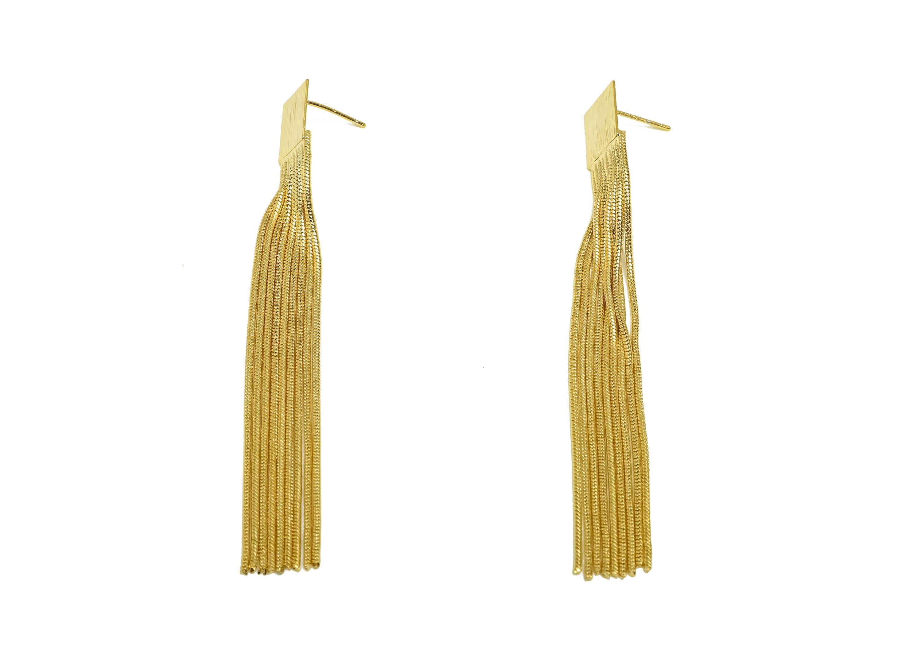 Brass Earring Tassel Stud - Brass Textured Square Tassel Earring - Snake Chain Earring Post - 18K Real Gold Plating - 78x10x0.49mm - RGP7569 - DOMEDBAZAAR