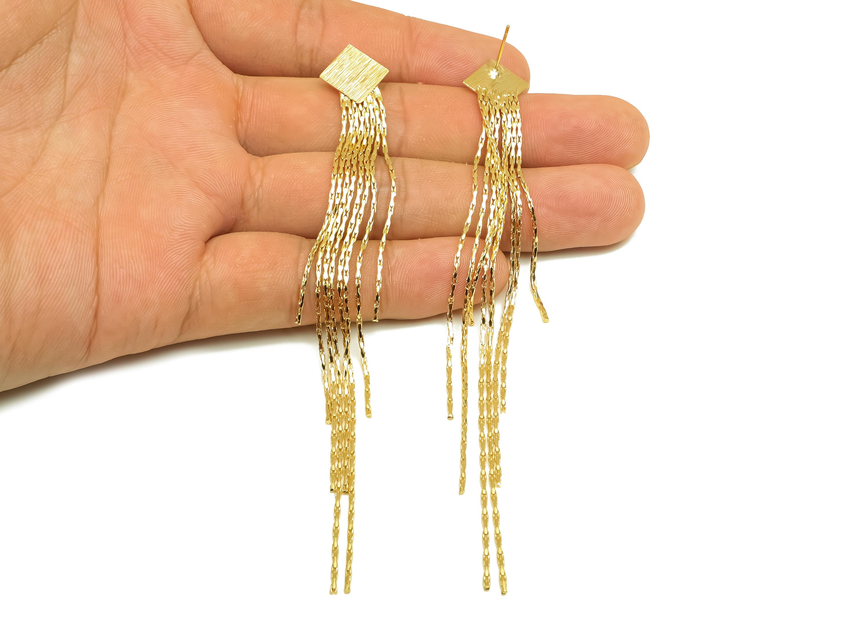 Brass Earring Tassel Stud - Brass Textured Square Tassel Earring - Tassel Chain Earring Post - 18K Real Gold Plating - 117x13x1mm - RGP7538 - DOMEDBAZAAR