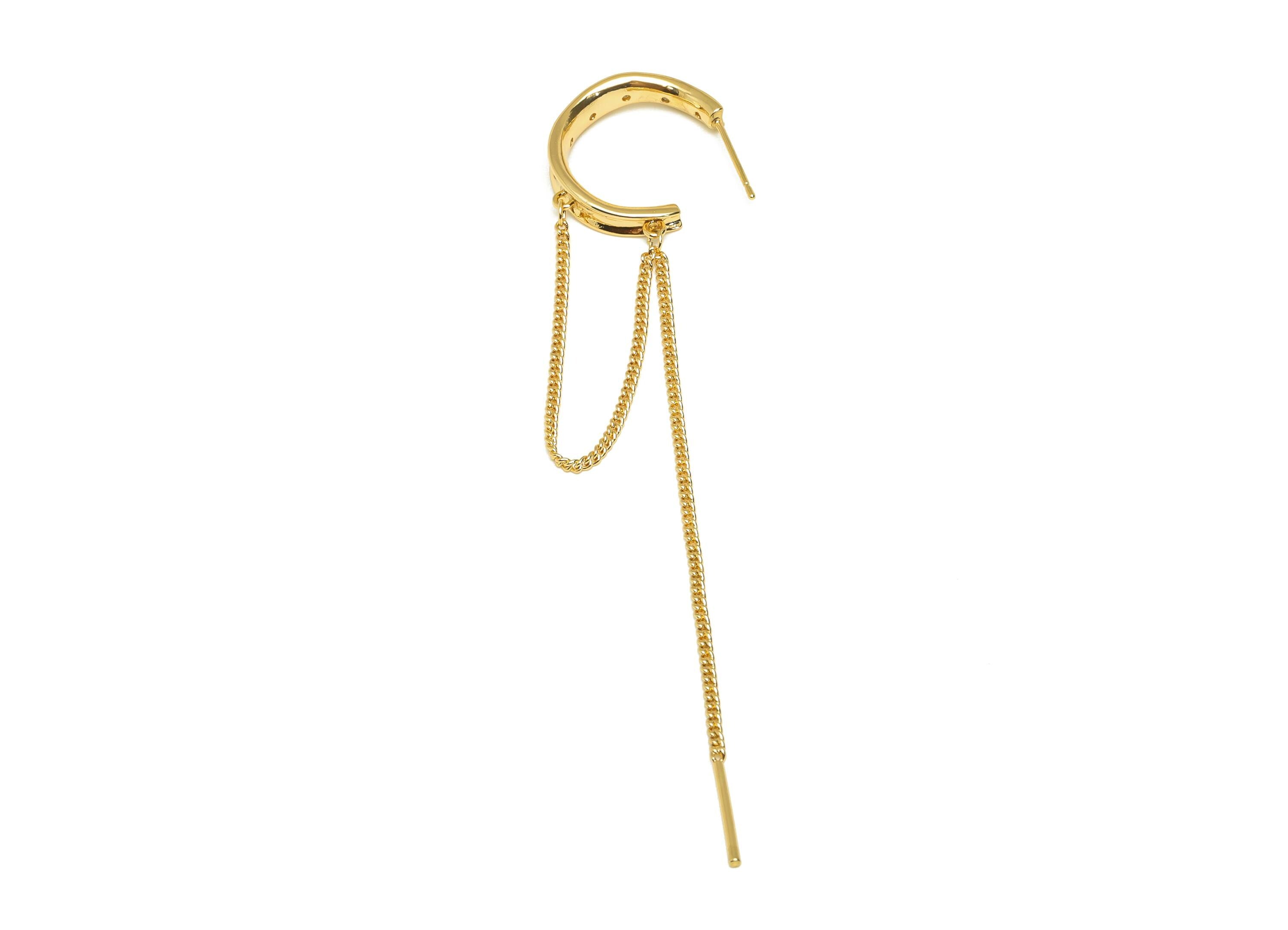 Brass C Tassel Chian Earring - Round Zircon Chian Earring Post - Gold CZ Tassel Chian Ear - 18K Real Gold Plated - 101x20.6x4.91mm - RGP7618 - DOMEDBAZAAR