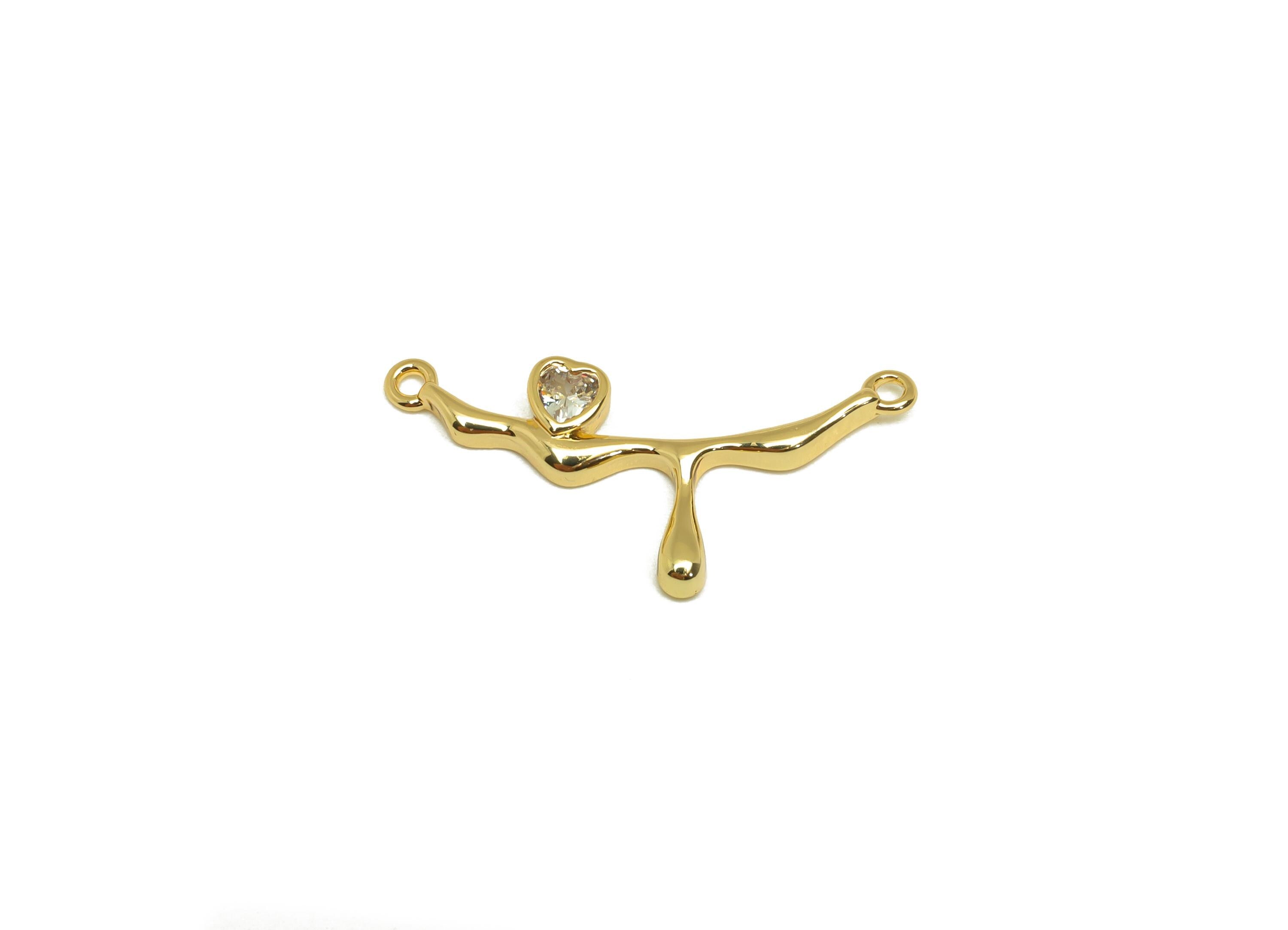 Brass Heart Zircon Connector - Gold CZ Melting Bar Charm - Heart Necklace Connector - 18K Real Gold Plating - 24.7x11.39x2.33mm - RGP7667 - DOMEDBAZAAR