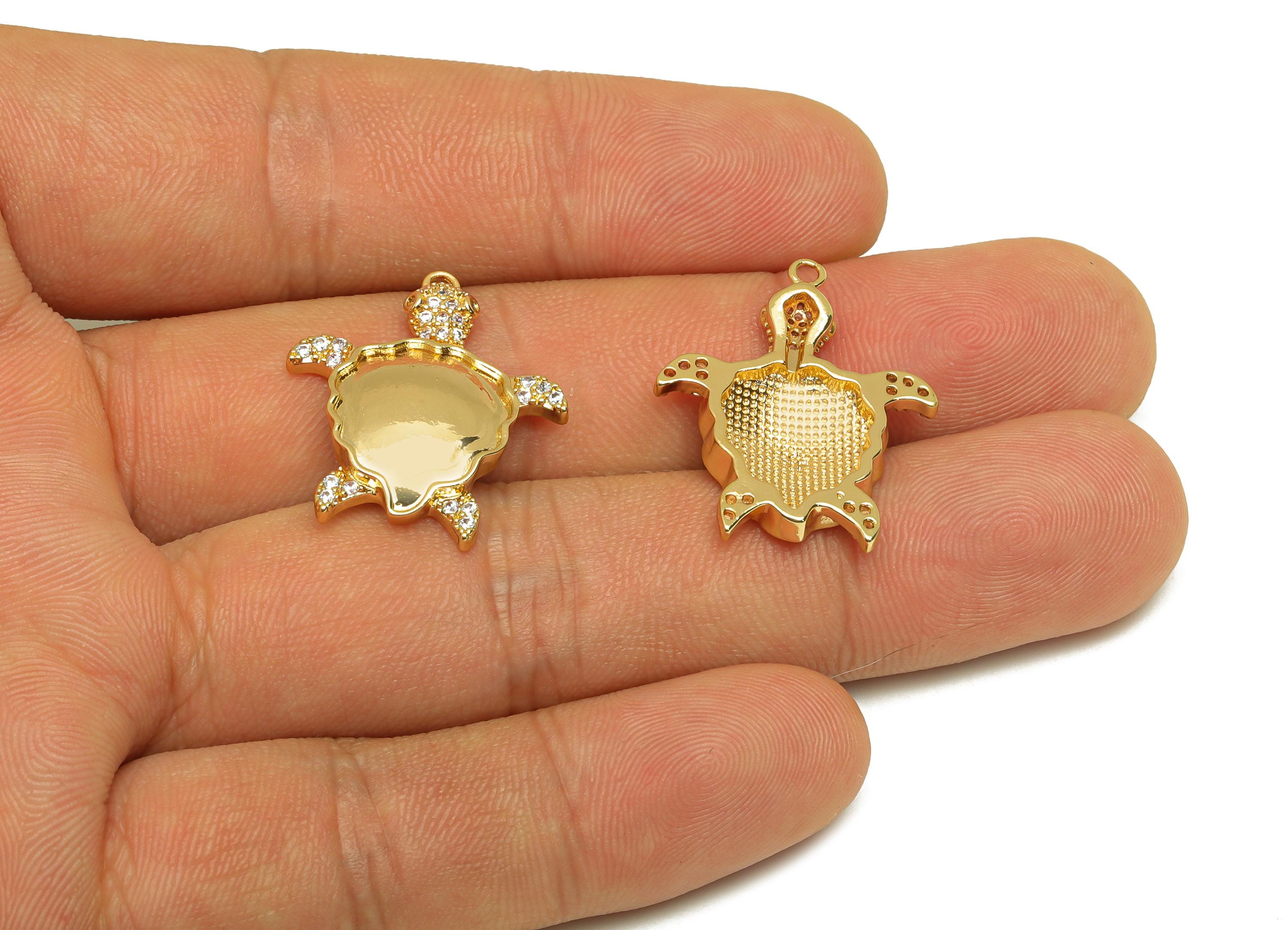 Brass Tortoise Zircon Charm - Gold Animal Tortoise Pendant - CZ Tortoise Earring Charm - 18K Real Gold Plating - 25.3x21.2x4.28mm - RGP7676 - DOMEDBAZAAR